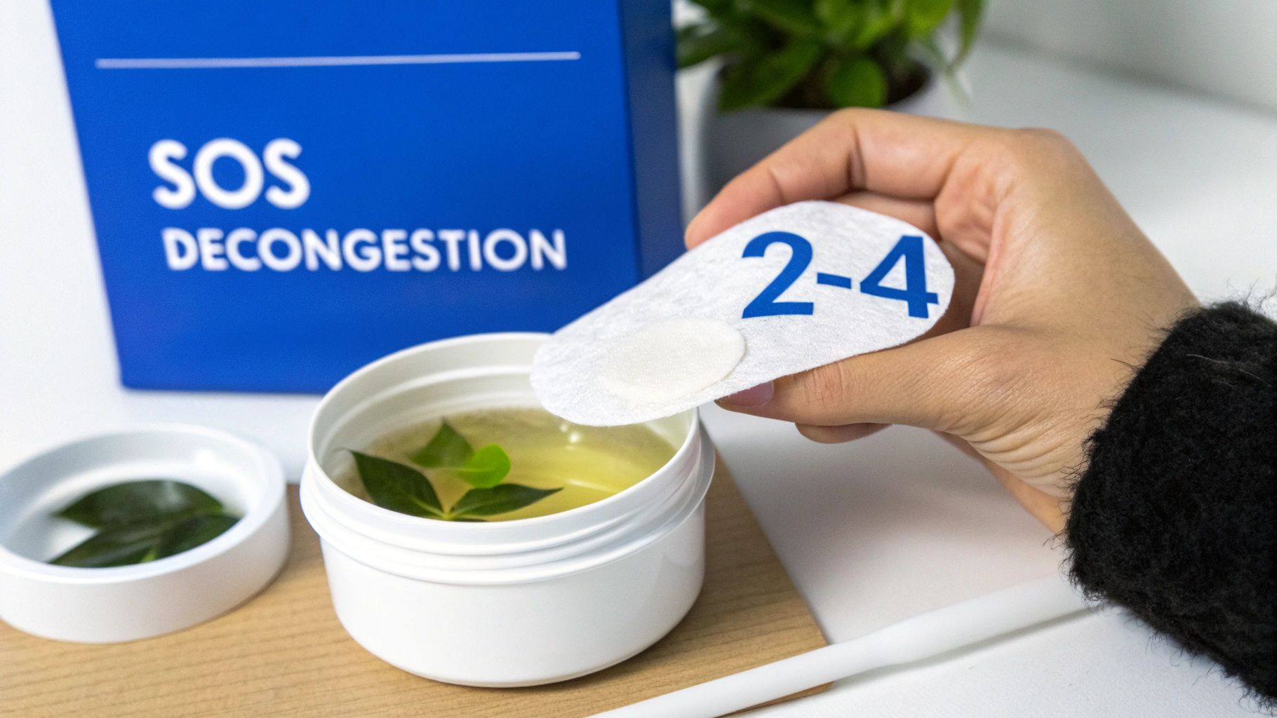 Une main tient un patch nasal au-dessus d'un pot de décongestionnant naturel. Boîte "SOS DÉCONGESTION" visible.