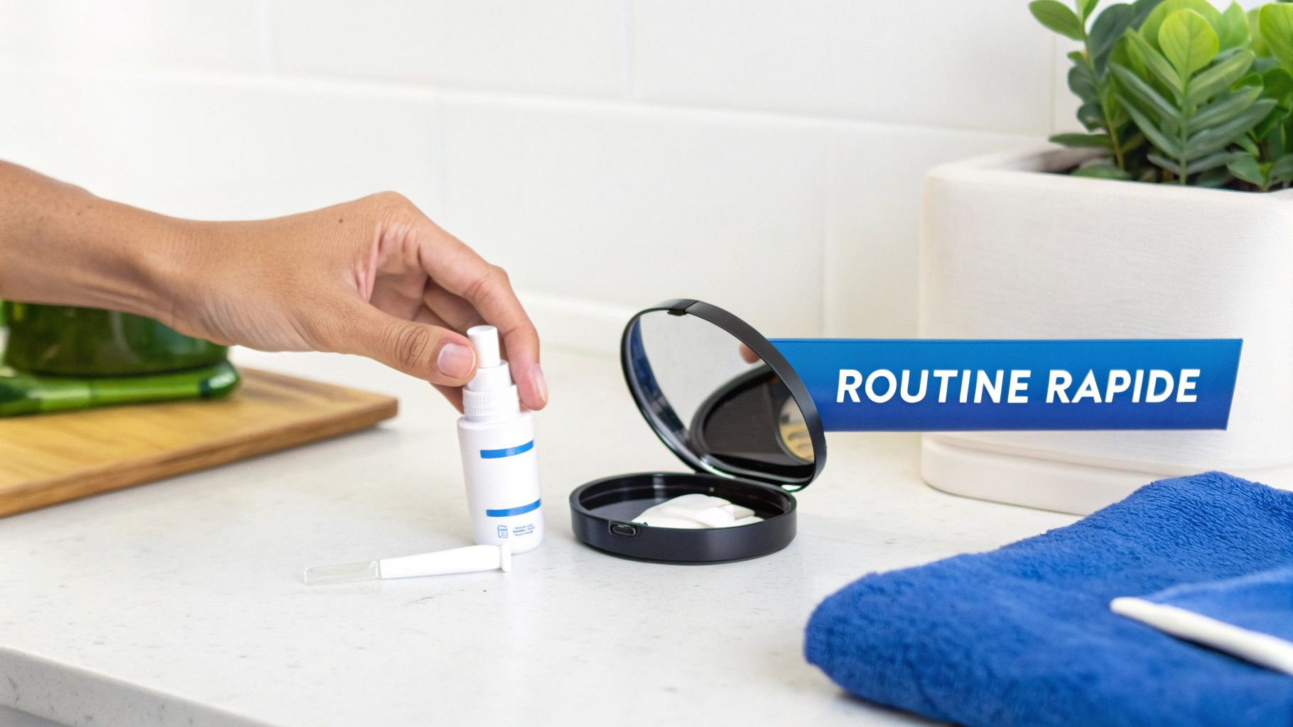 Une main tient un vaporisateur blanc, près d'un miroir compact et d'une bannière «ROUTINE RAPIDE» sur un comptoir.