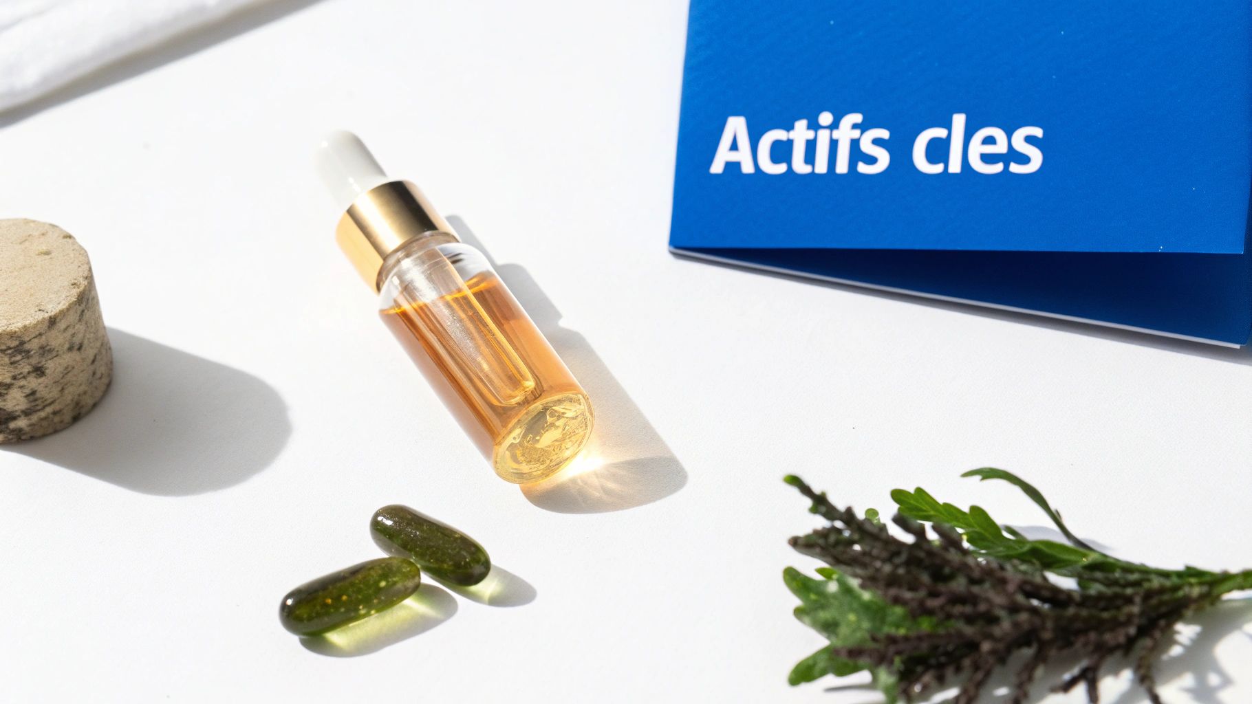 Bouteille compte-gouttes d'huile dorée, capsules vertes, liège et boîte bleue 'Actifs clés' sur fond blanc.