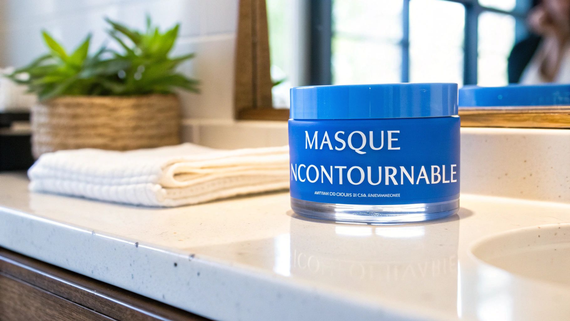 Pot bleu de "Masque Incontournable" sur un comptoir de salle de bain avec une serviette blanche et une plante verte.