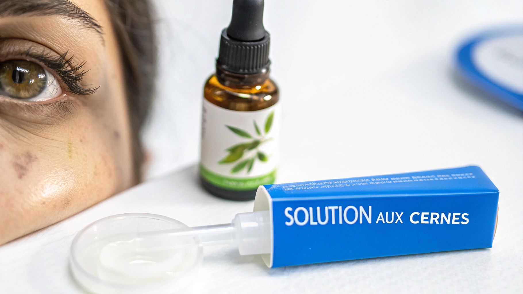 Œil de femme avec cernes et produits : sérum naturel et crème 'Solution aux Cernes'.