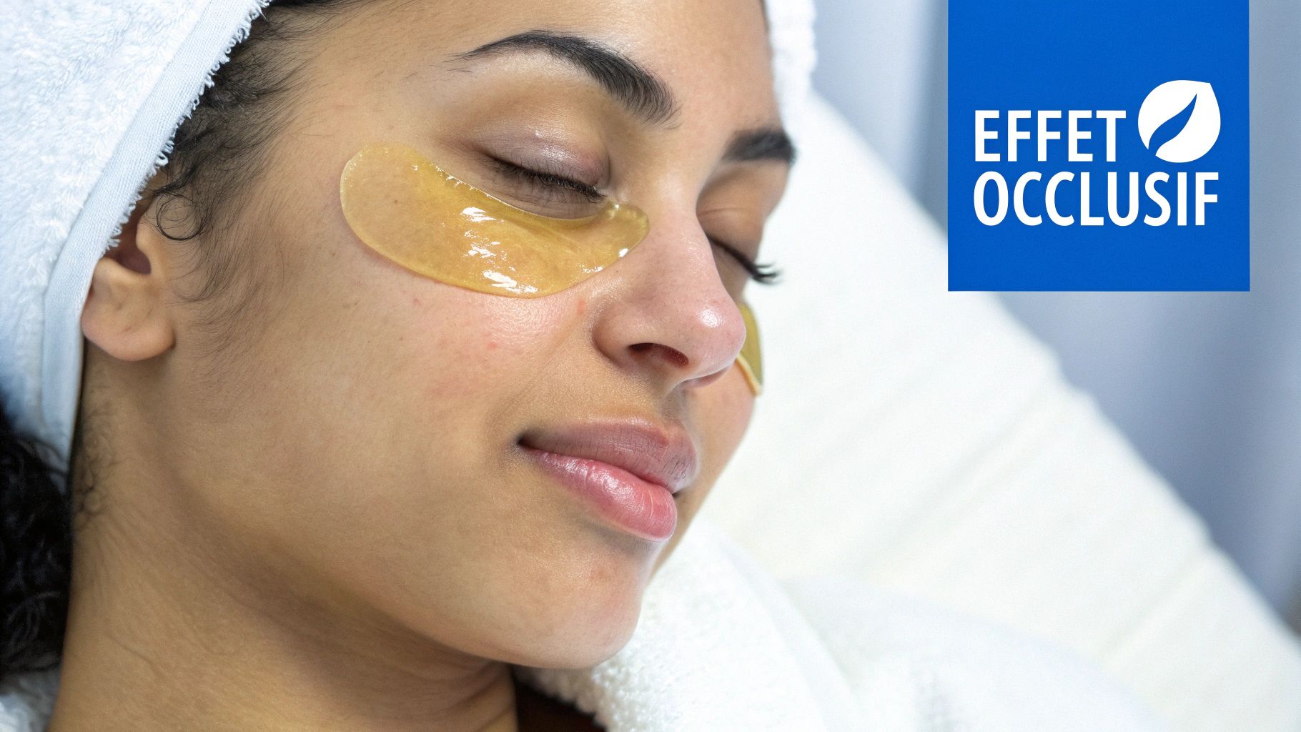 Jeune femme avec patchs hydratants sous les yeux, pour un soin relaxant et un effet occlusif.