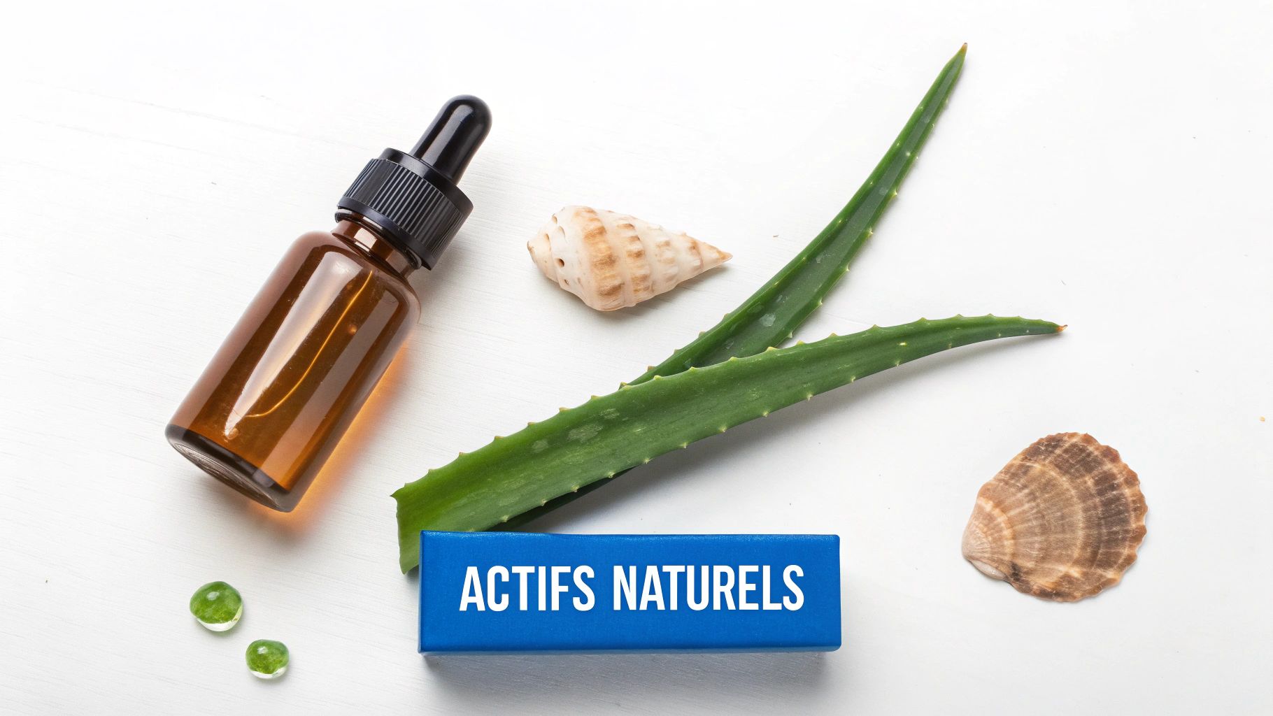 Une bouteille compte-gouttes, des feuilles d'aloe vera, des coquillages et des perles vertes sur fond blanc, avec un bloc "ACTIFS NATURELS".