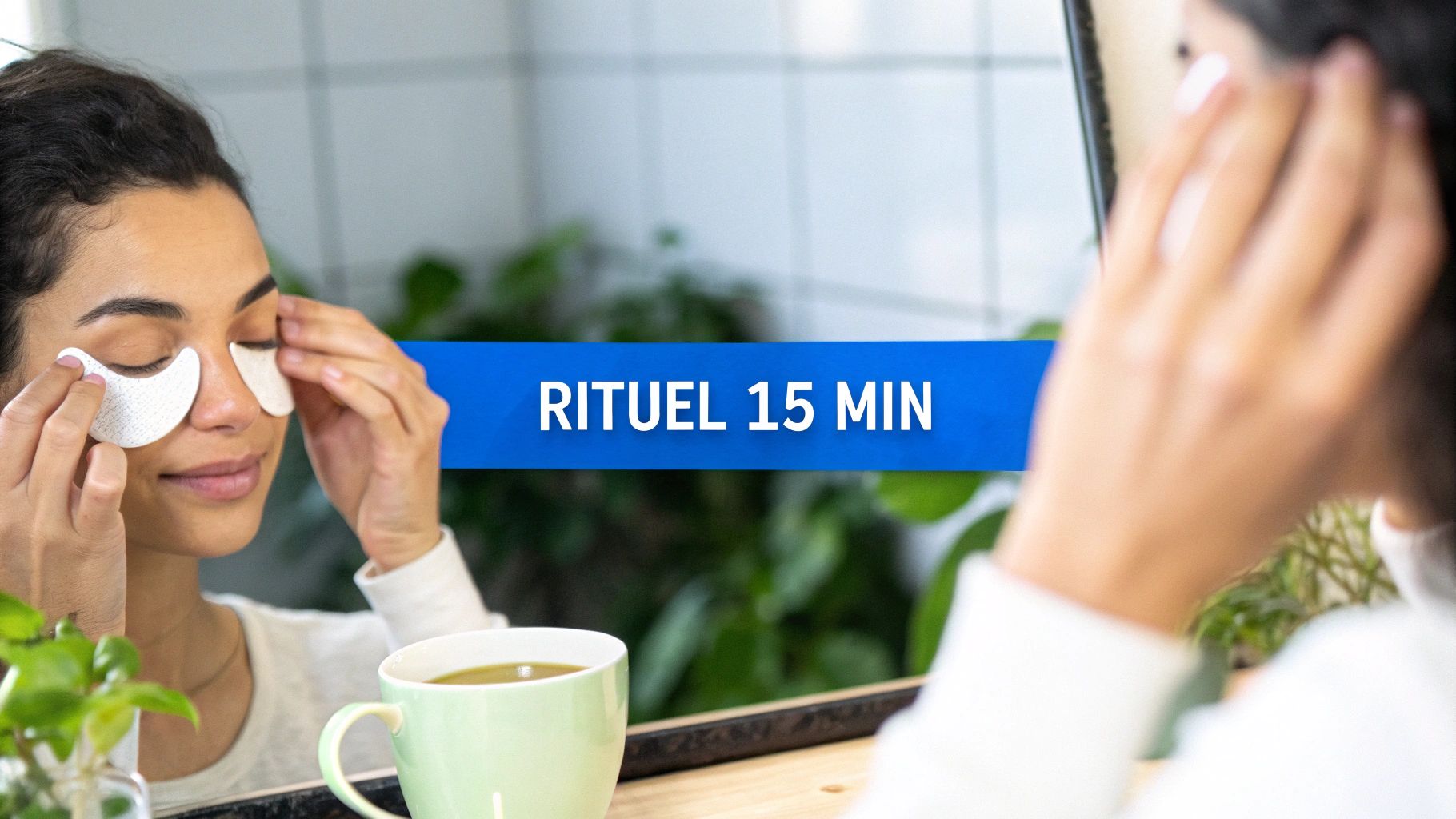 Une femme applique des patchs sous les yeux, souriante, devant son reflet, avec une tasse de thé et un texte "RITUEL 15 MIN".
