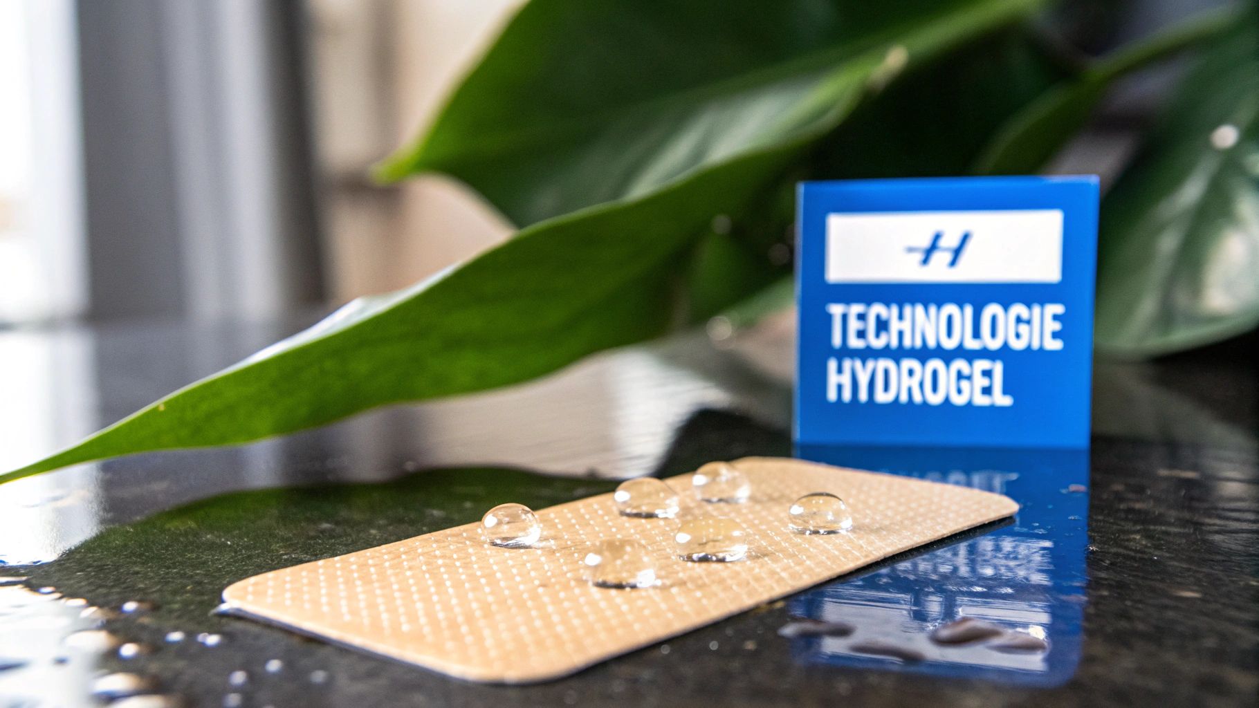 Patch hydrogel beige avec gouttes d'eau sur une surface humide, près d'une boîte bleue « Technologie Hydrogel » et une feuille verte.