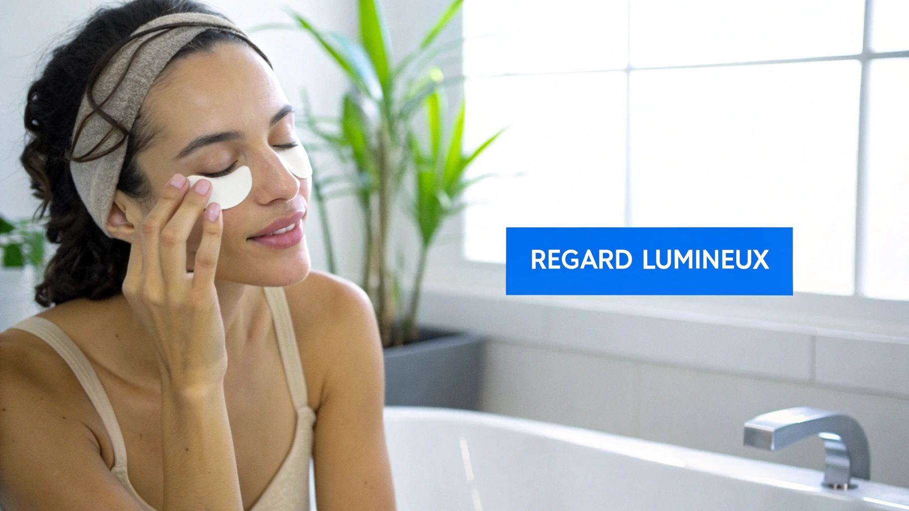 Une femme souriante applique des masques pour les yeux en gel dans une salle de bain lumineuse.