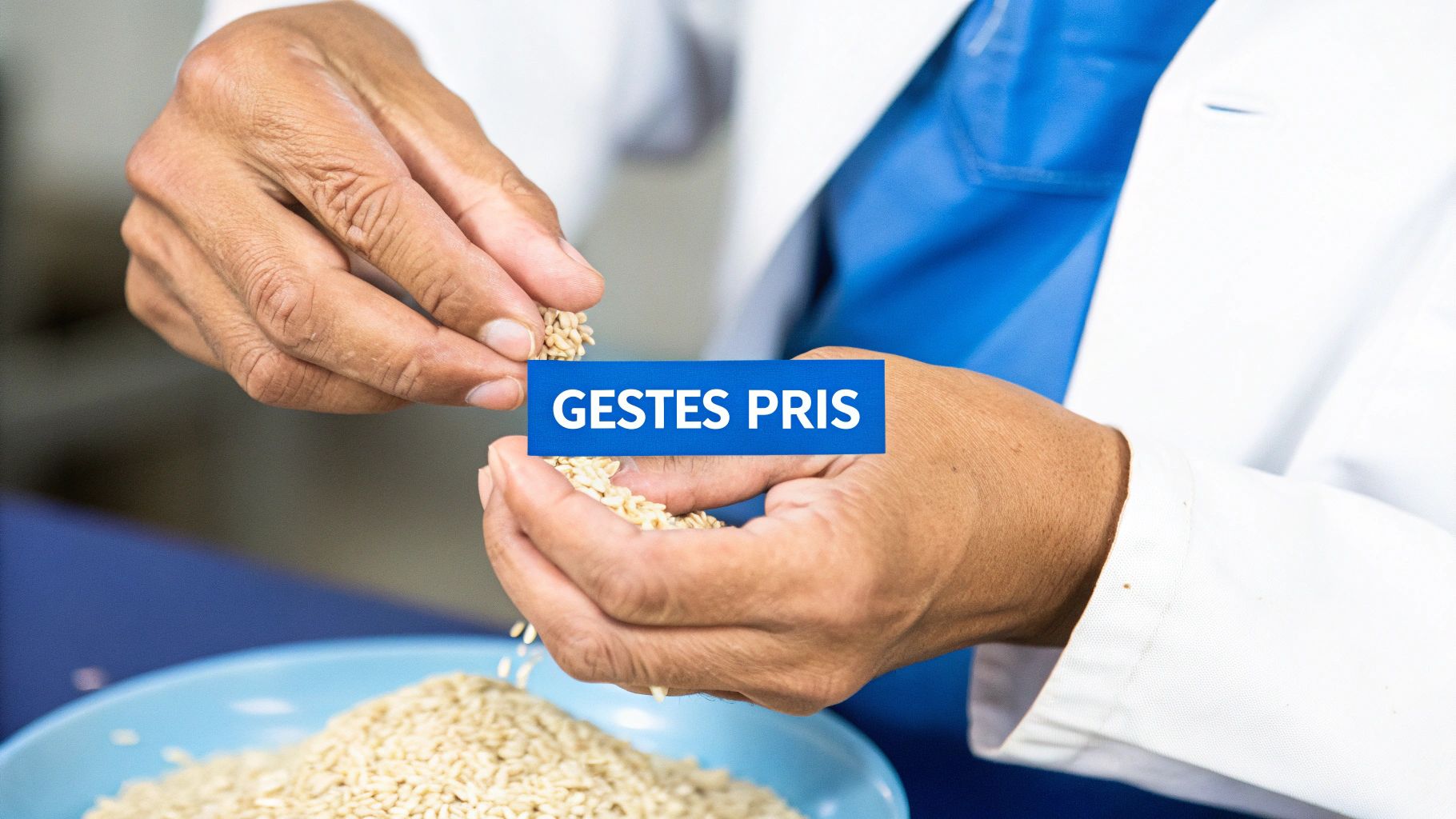 Des mains en blouse de laboratoire examinent attentivement des grains clairs au-dessus d'un bol bleu.