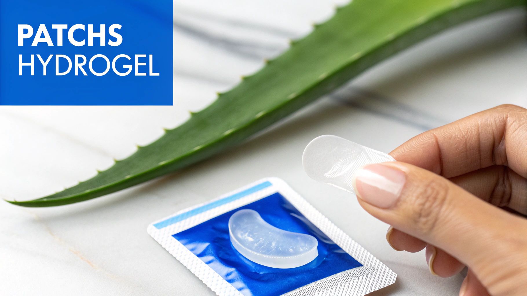 Une main tenant un patch hydrogel transparent au-dessus de son emballage, avec une feuille d'aloe vera en arrière-plan.