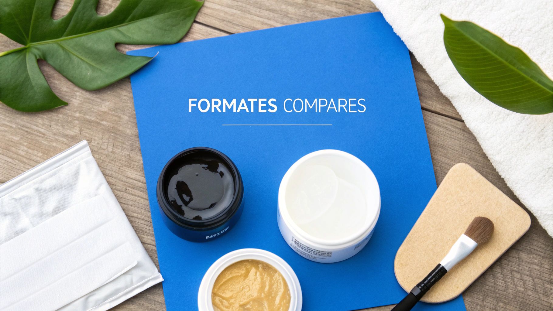 Vue de dessus de pots de masques de beauté, une serviette, une feuille et un pinceau sur bois et bleu.