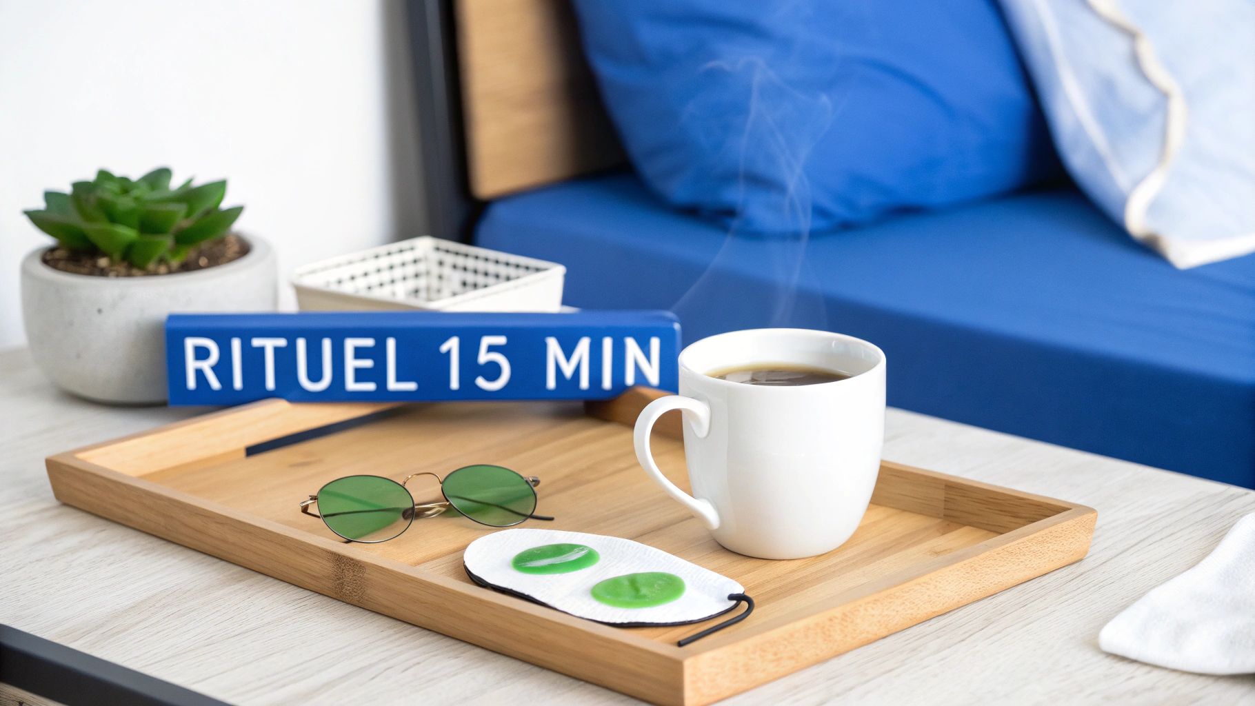 Plateau en bois avec tasse de café fumant, lunettes de soleil, masque pour les yeux et panneau "RITUEL 15 MIN".