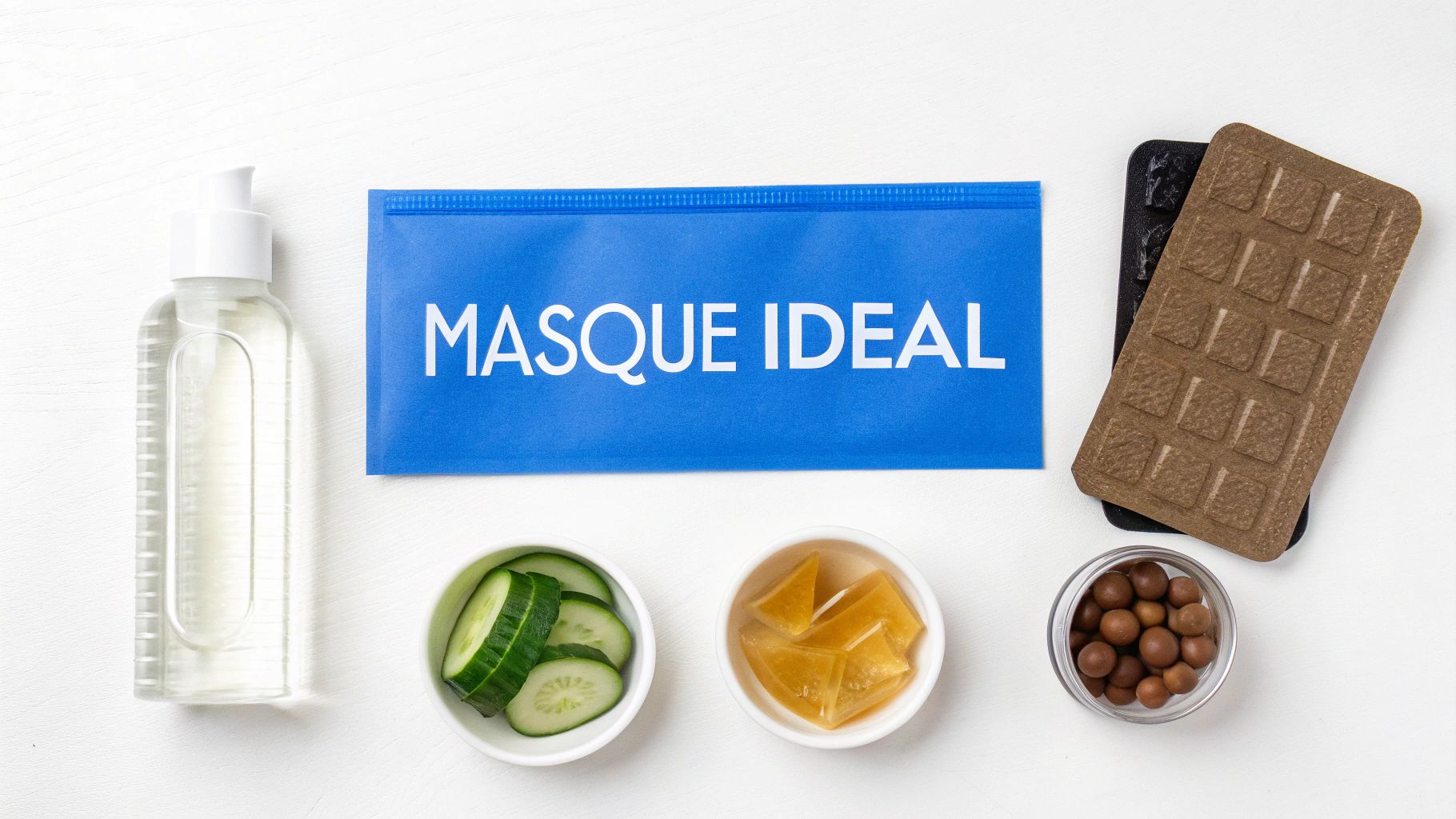 Préparatifs pour un masque facial idéal avec concombre, gelée d'aloe vera et liquide sur fond blanc.