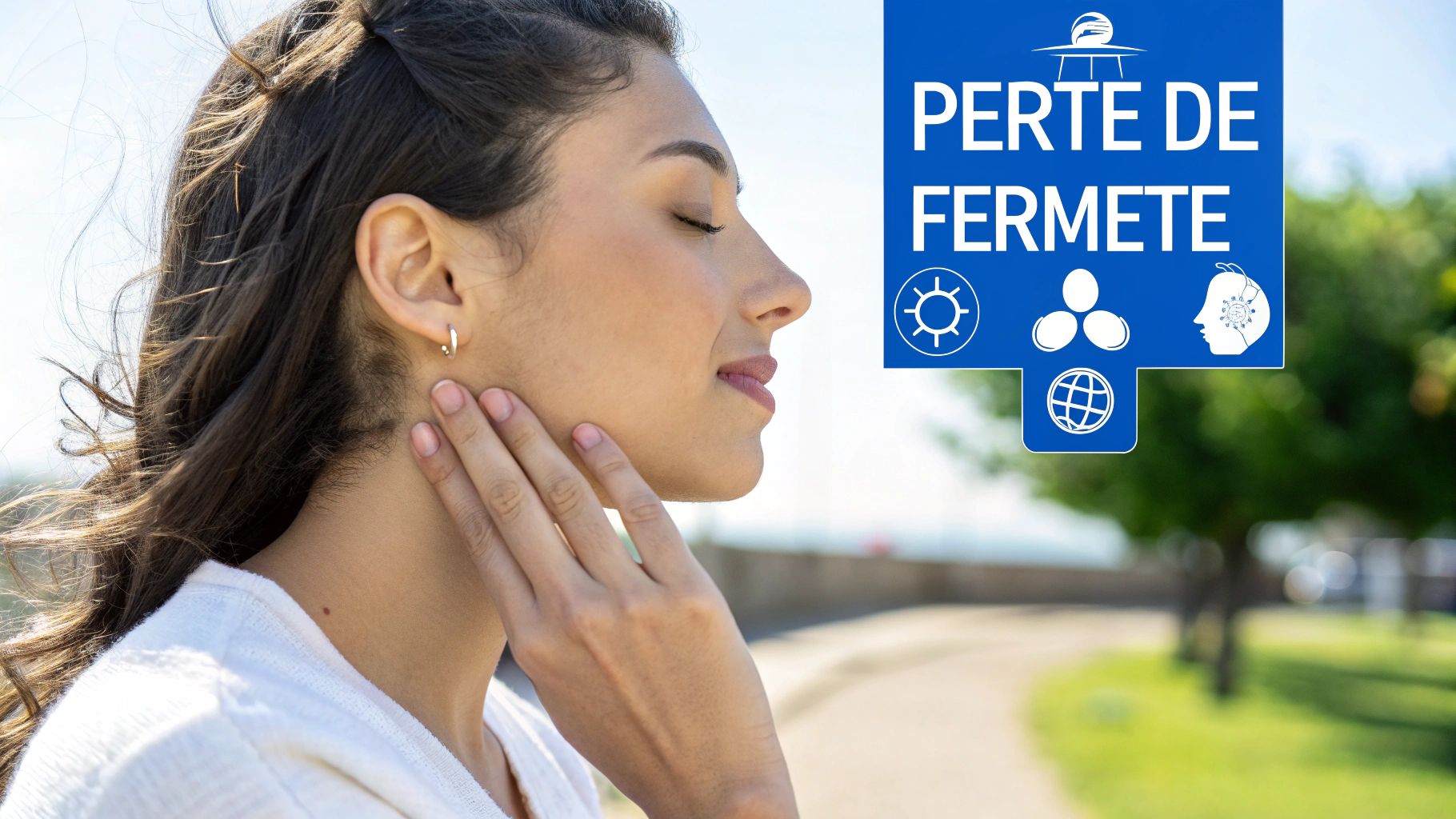 Une femme aux yeux fermés touche son cou, un panneau bleu "PERTE DE FERMETE" avec des icônes à côté d'elle.