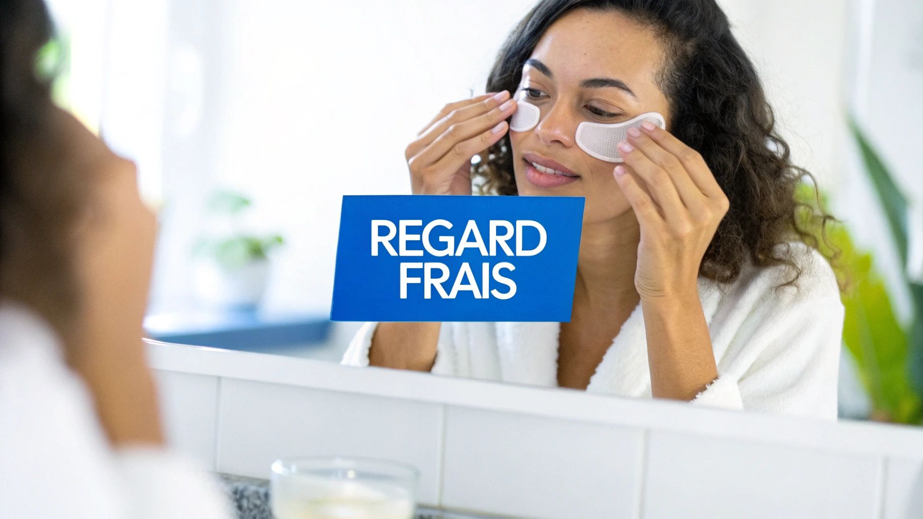 Une femme souriante applique des patchs sous les yeux devant un miroir, pour un regard frais et reposé.