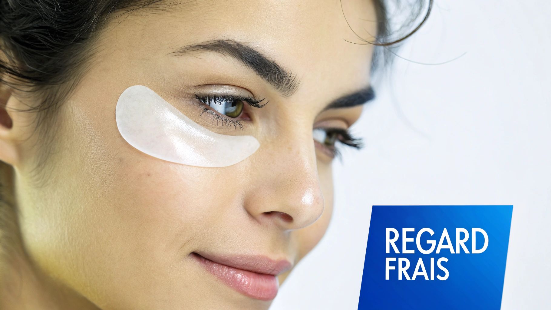 Une femme souriante applique des masques hydratants sous ses yeux pour un regard frais et lumineux.