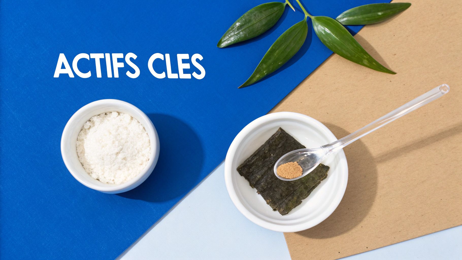 Image des 'ACTIFS CLÉS' avec des ingrédients naturels : poudre blanche, algues séchées et poudre brune.