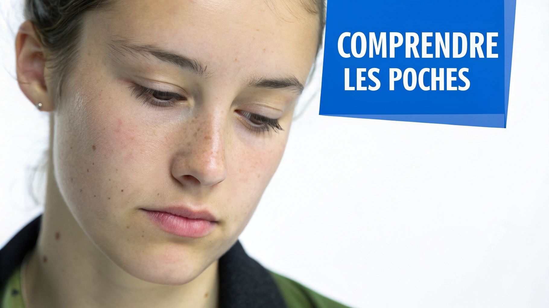 Gros plan sur le visage d'une jeune femme réfléchie, avec le texte 'COMPRENDRE LES POCHES' sur fond bleu.