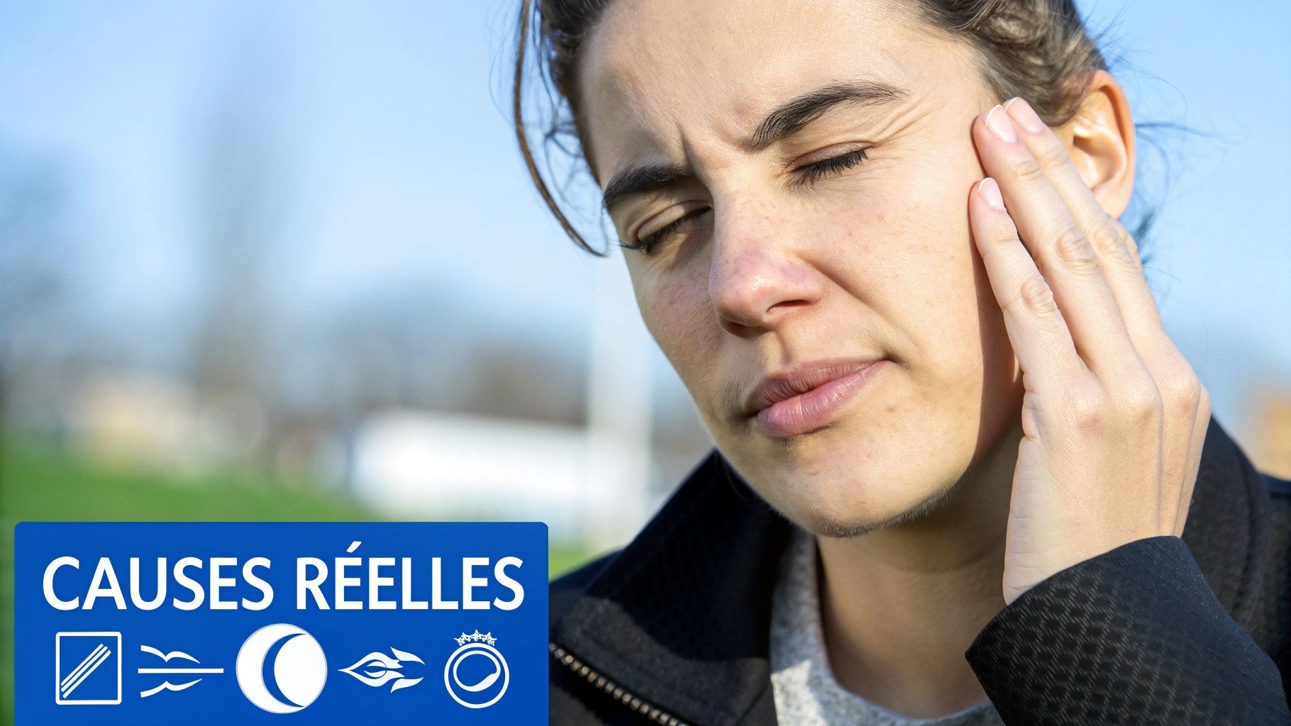 Femme avec les yeux fermés et la main sur la tempe, suggérant fatigue visuelle ou maux de tête. Bannière « CAUSES RÉELLES ».