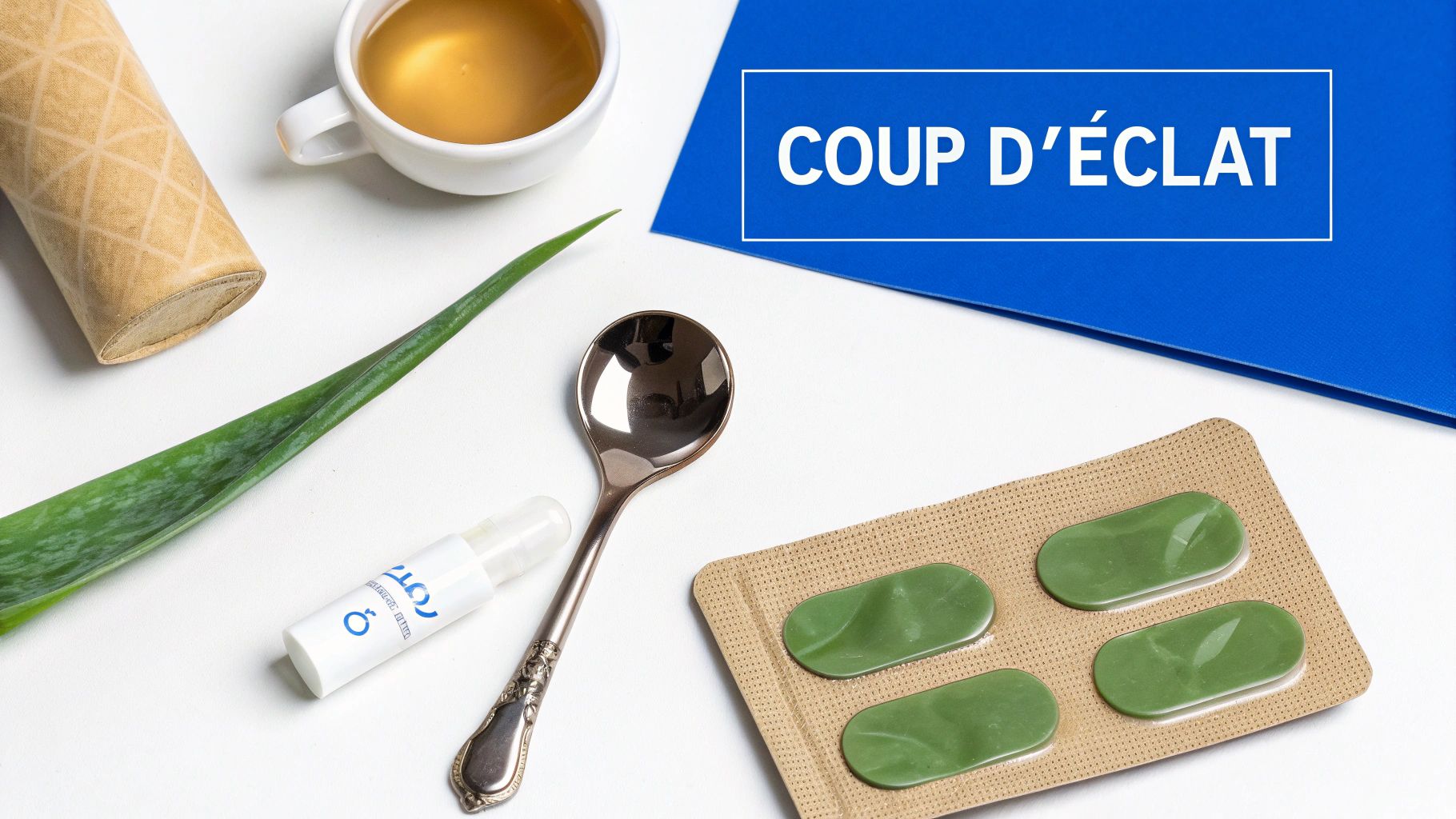 Composition soignée avec feuille d'aloès, sérum, cuillère, thé et masques verts pour un coup d'éclat.