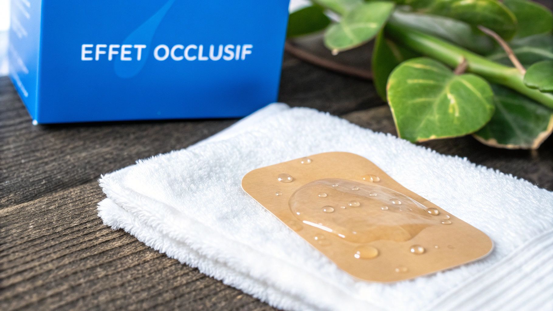 Un patch cutané occlusif avec des gouttes d'eau posé sur une serviette blanche, près d'une boîte bleue et d'une plante verte.