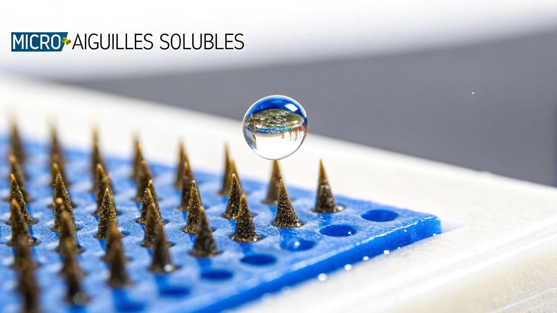 Micro-aiguilles solubles marron sur un support bleu, avec une goutte d'eau sphérique en suspension.