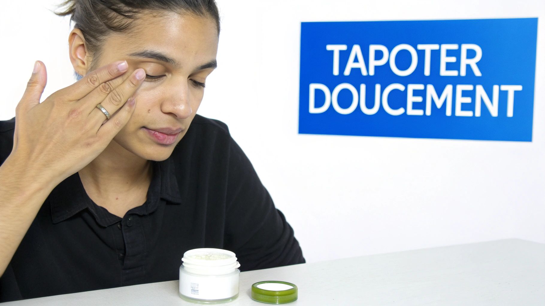 Personne appliquant délicatement de la crème hydratante sous l'œil, avec un pot de crème. Le texte 'TAPOTER DOUCEMENT' est visible.