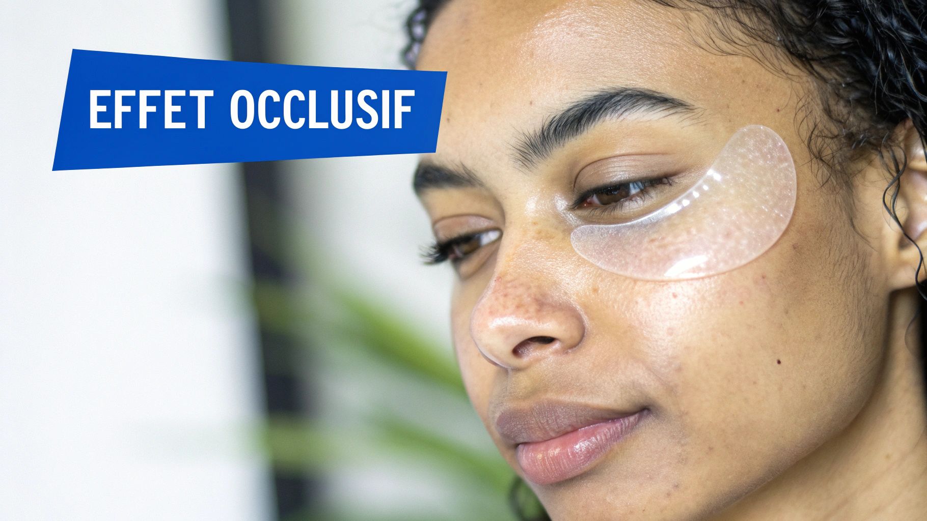 Jeune femme appliquant des patchs en gel sous les yeux, illustrant l'effet occlusif.