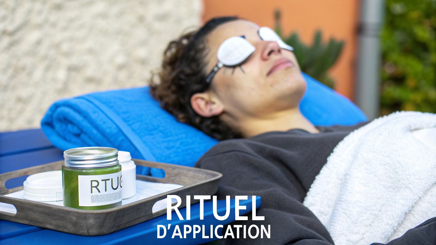 Femme détendue avec masques sous les yeux, prête pour un rituel de soins avec produits cosmétiques.