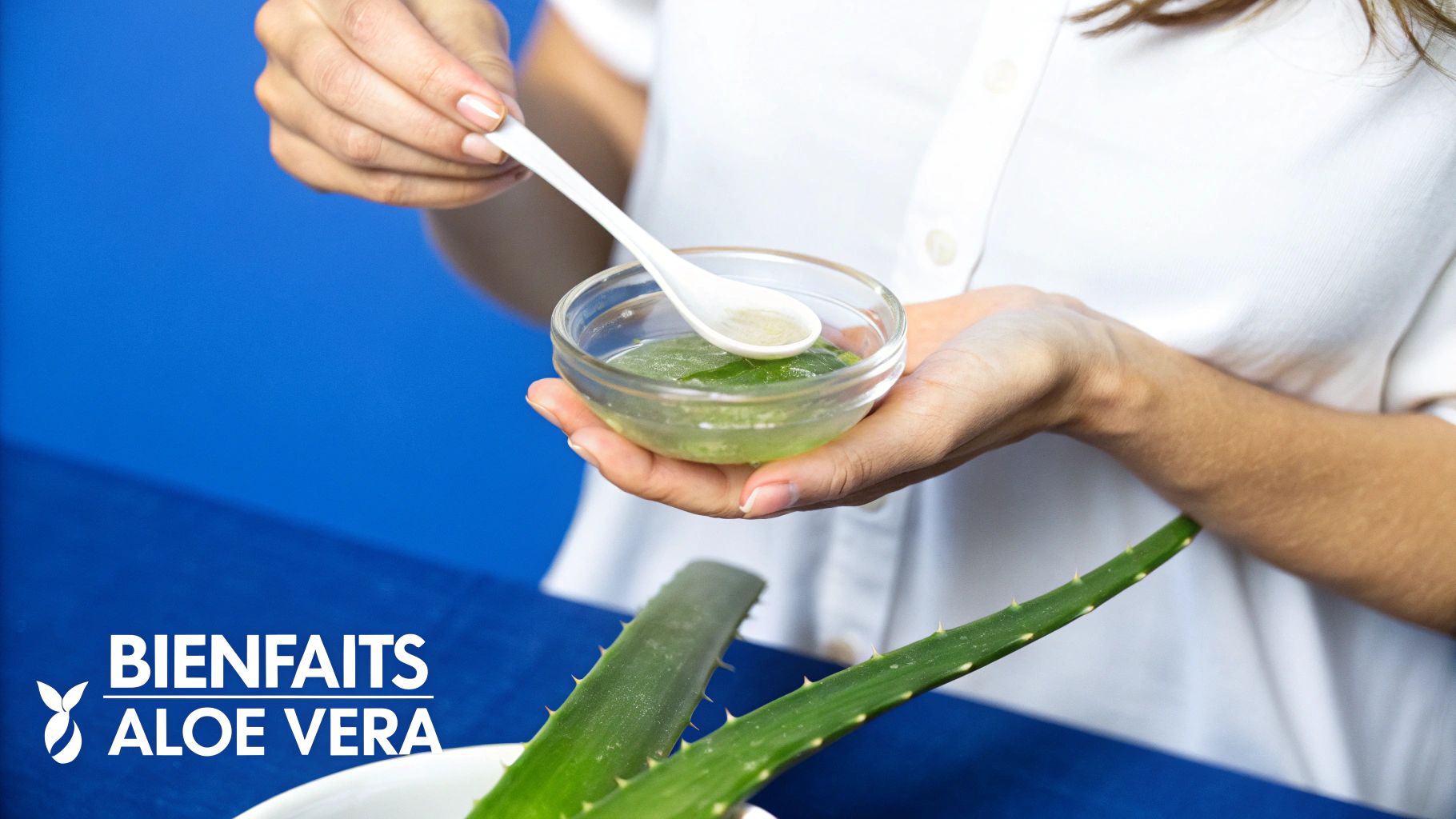 Une personne tient un bol de gel d'aloe vera avec une cuillère, près de feuilles fraîches d'aloe vera.