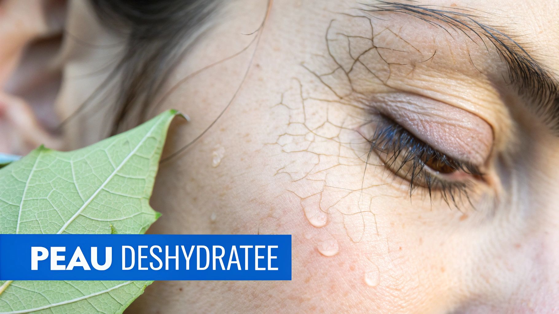 Gros plan sur un œil et une joue avec une peau très sèche et craquelée, symbolisant la déshydratation.