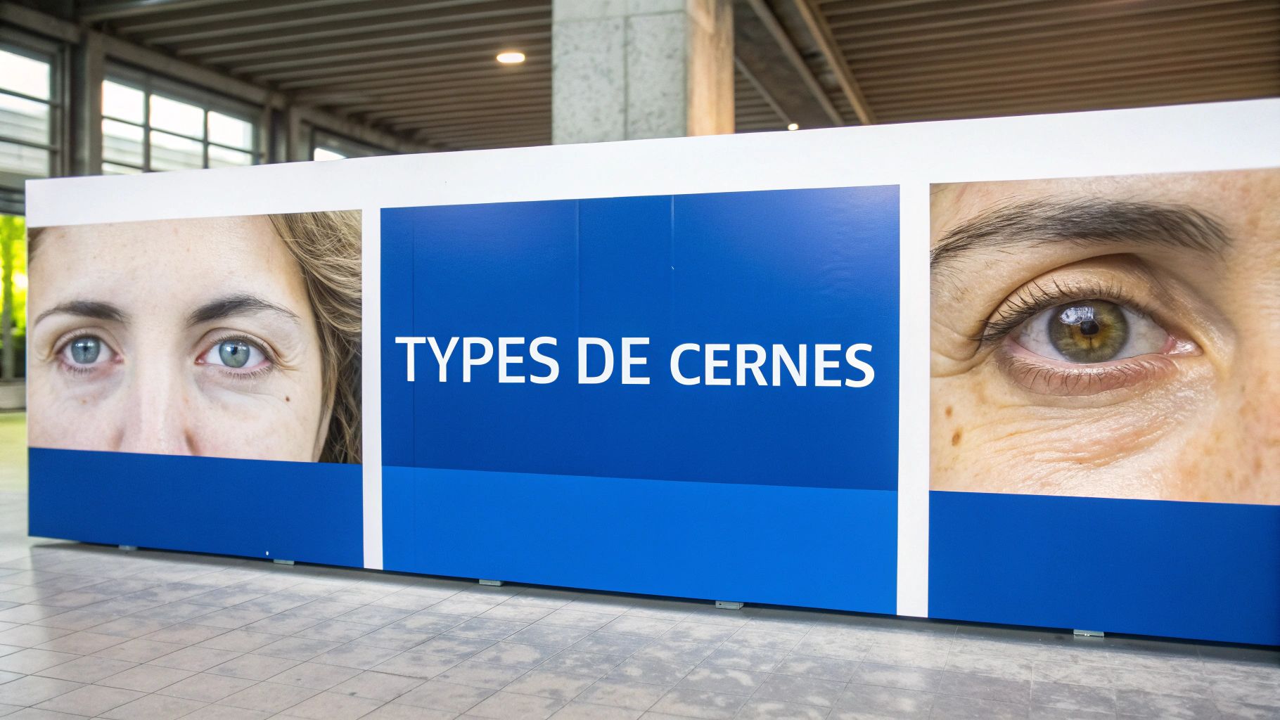Un panneau informatif bleu montre le texte 'TYPES DE CERNES' avec des gros plans d'yeux féminins.