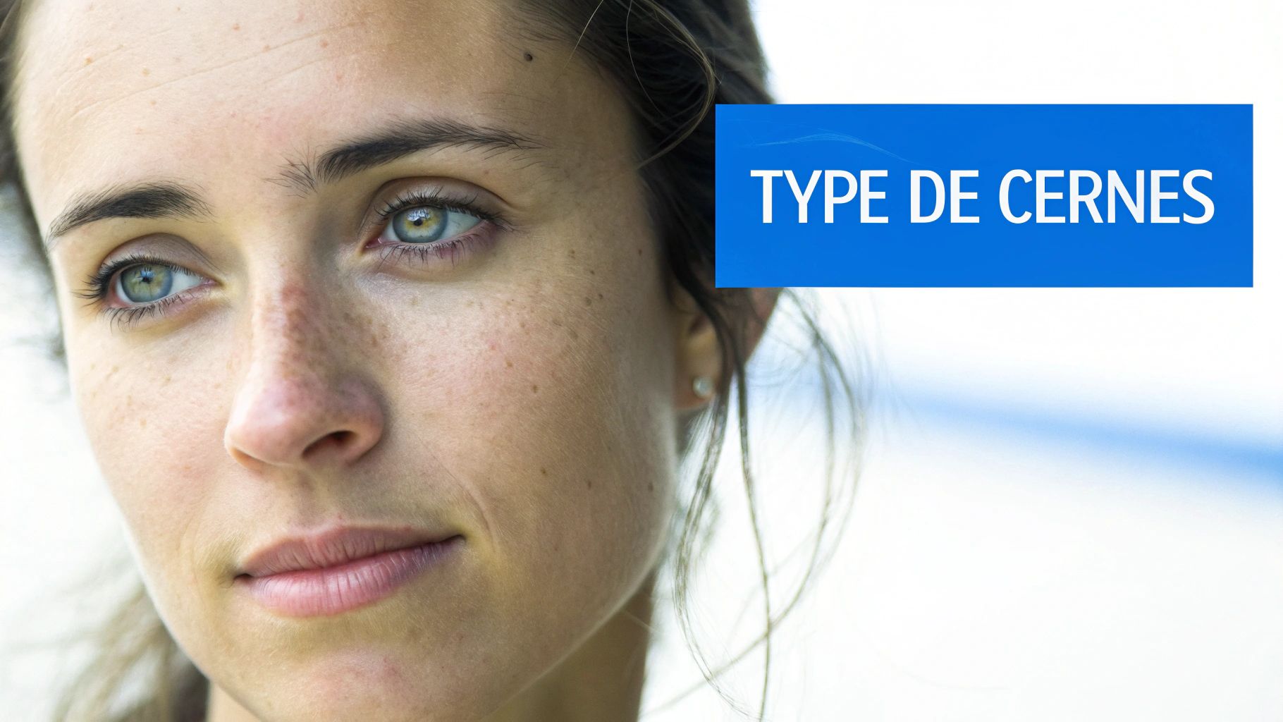 Gros plan sur une jeune femme aux yeux bleus-verts, avec une bannière bleue affichant le texte "TYPE DE CERNES".