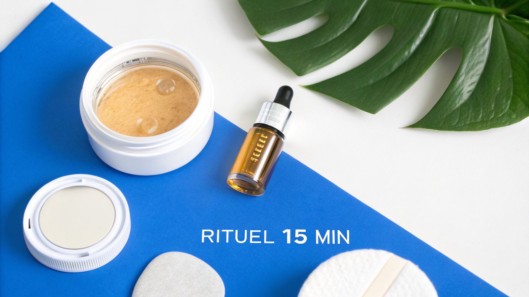 Produits de soin pour le visage avec masque, sérum et accessoires sur fond bleu et blanc.