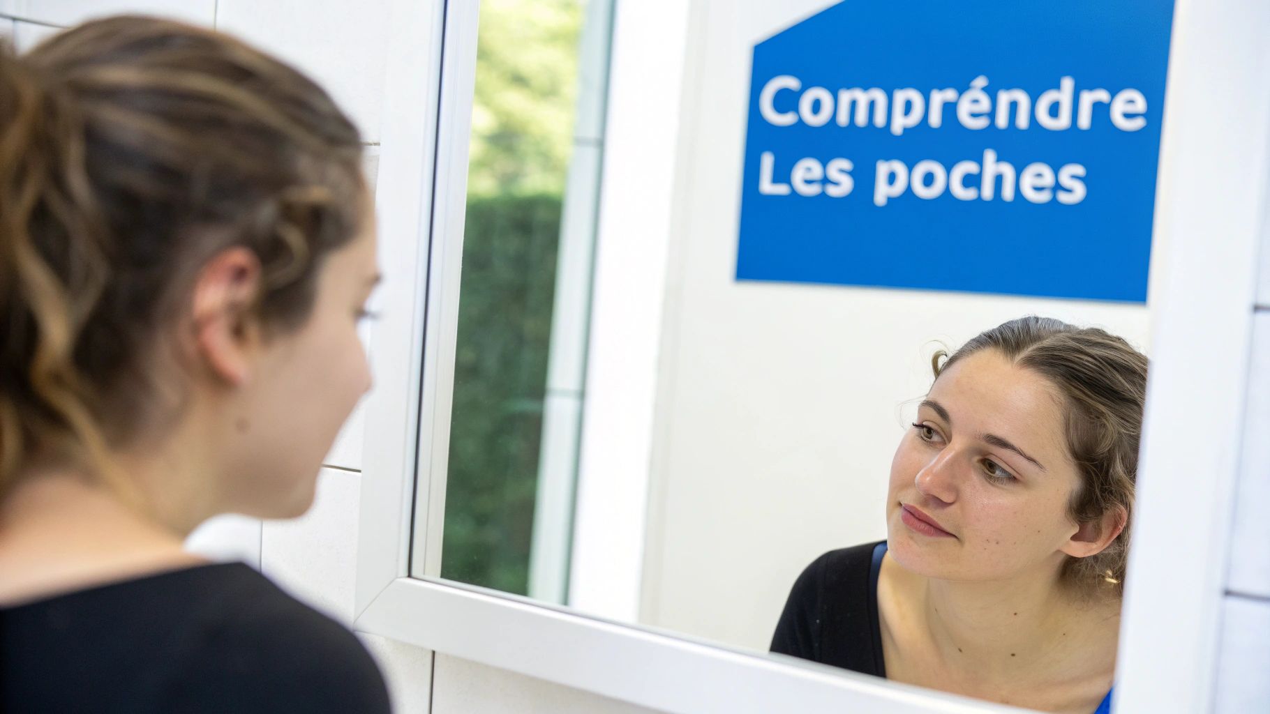 Une jeune femme observe son reflet dans un miroir, avec un panneau bleu « Comprendre Les poches » visible.