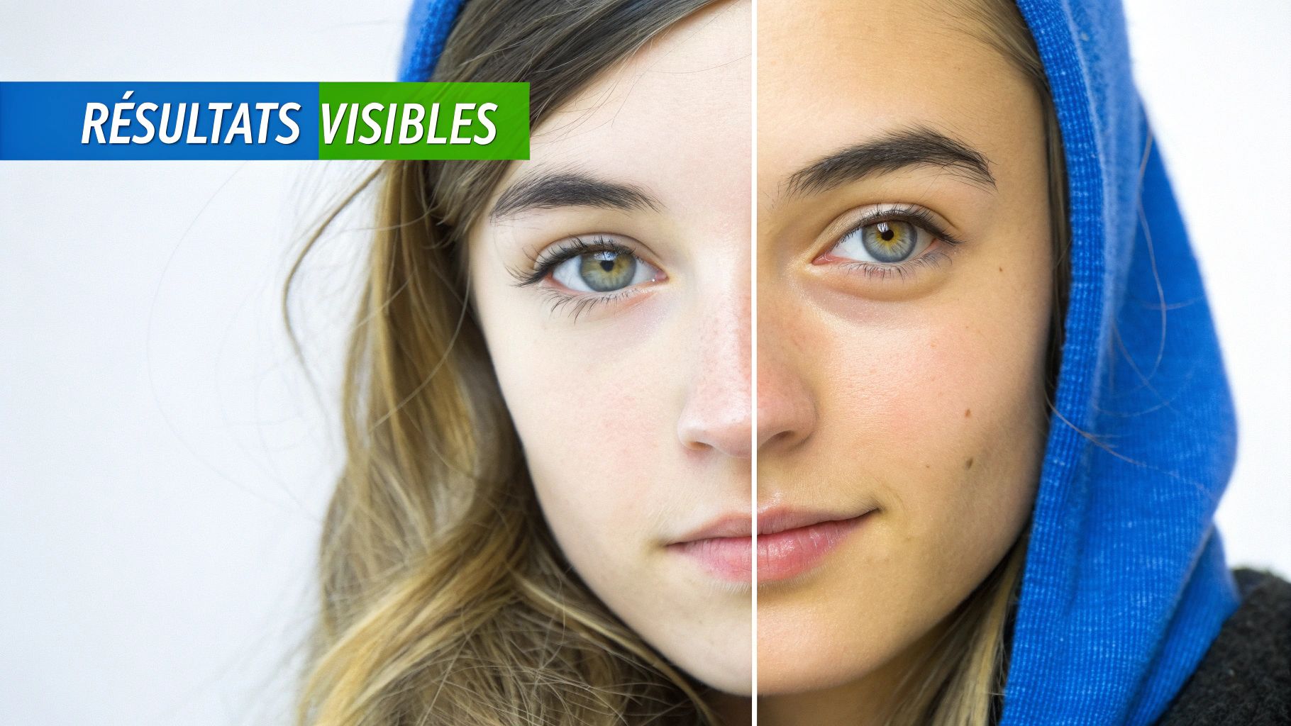 Photo avant-après du visage d'une femme, montrant des résultats visibles d'un traitement pour le contour des yeux.