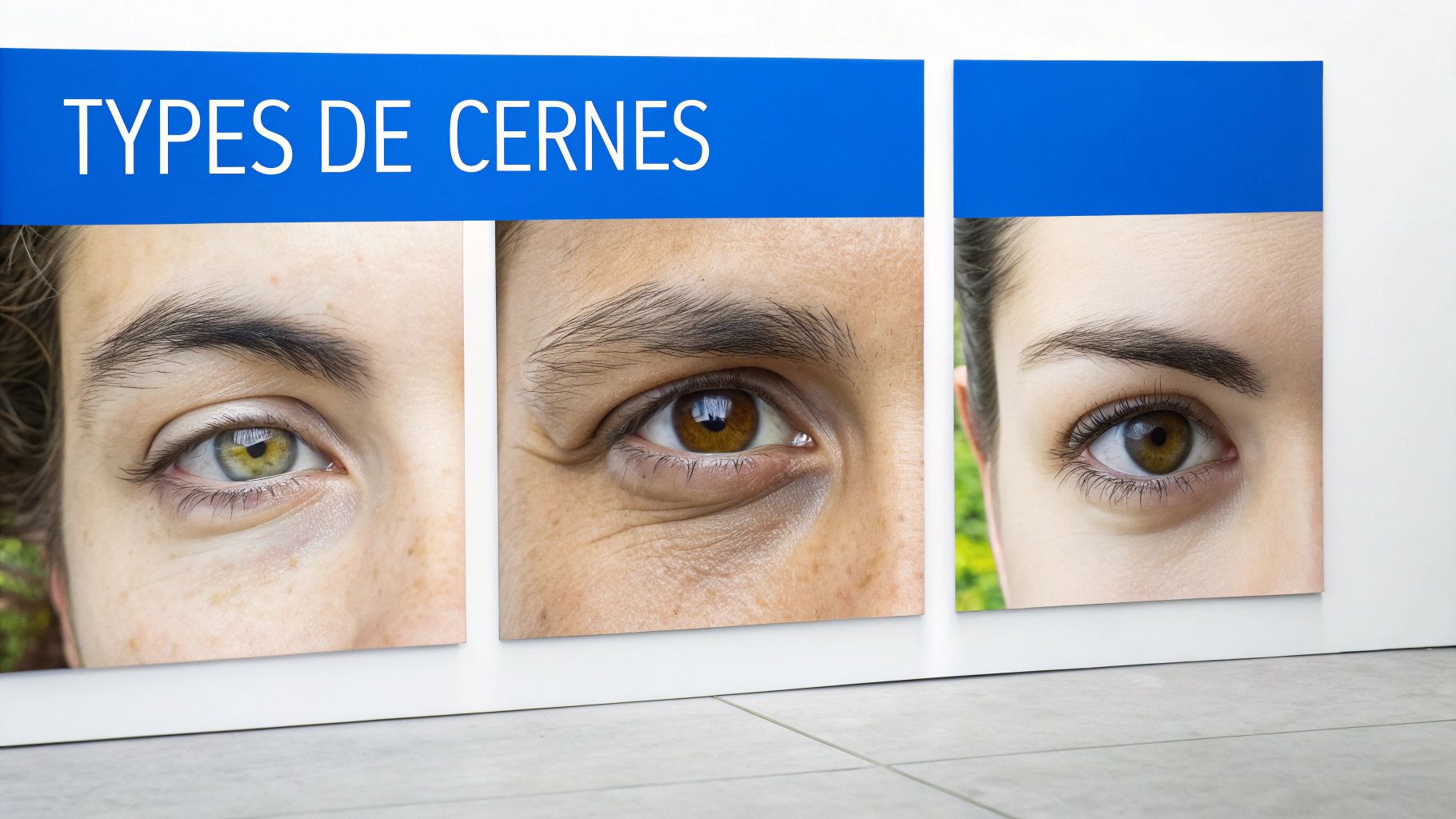 Trois gros plans d'yeux affichant différents types de cernes, accompagnés du titre « TYPES DE CERNES ».