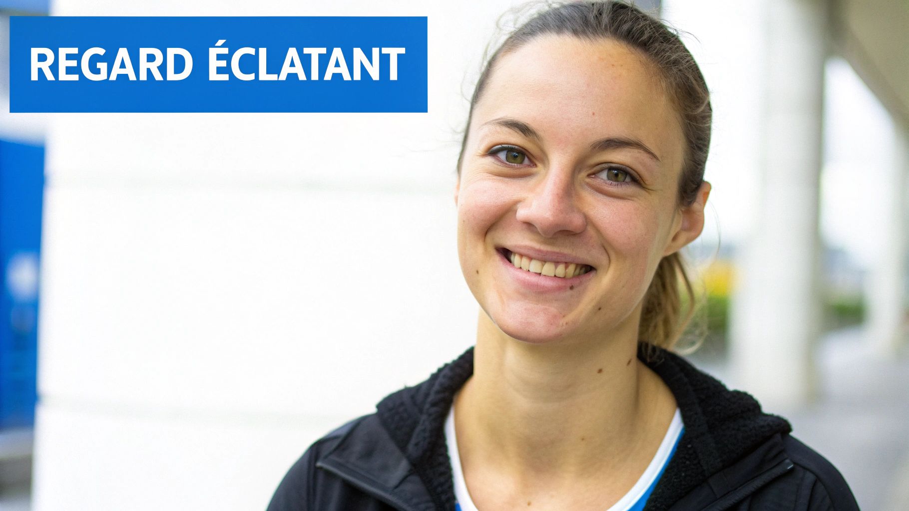 Jeune femme souriante au regard lumineux, avec le texte "REGARD ÉCLATANT" sur une bannière bleue.