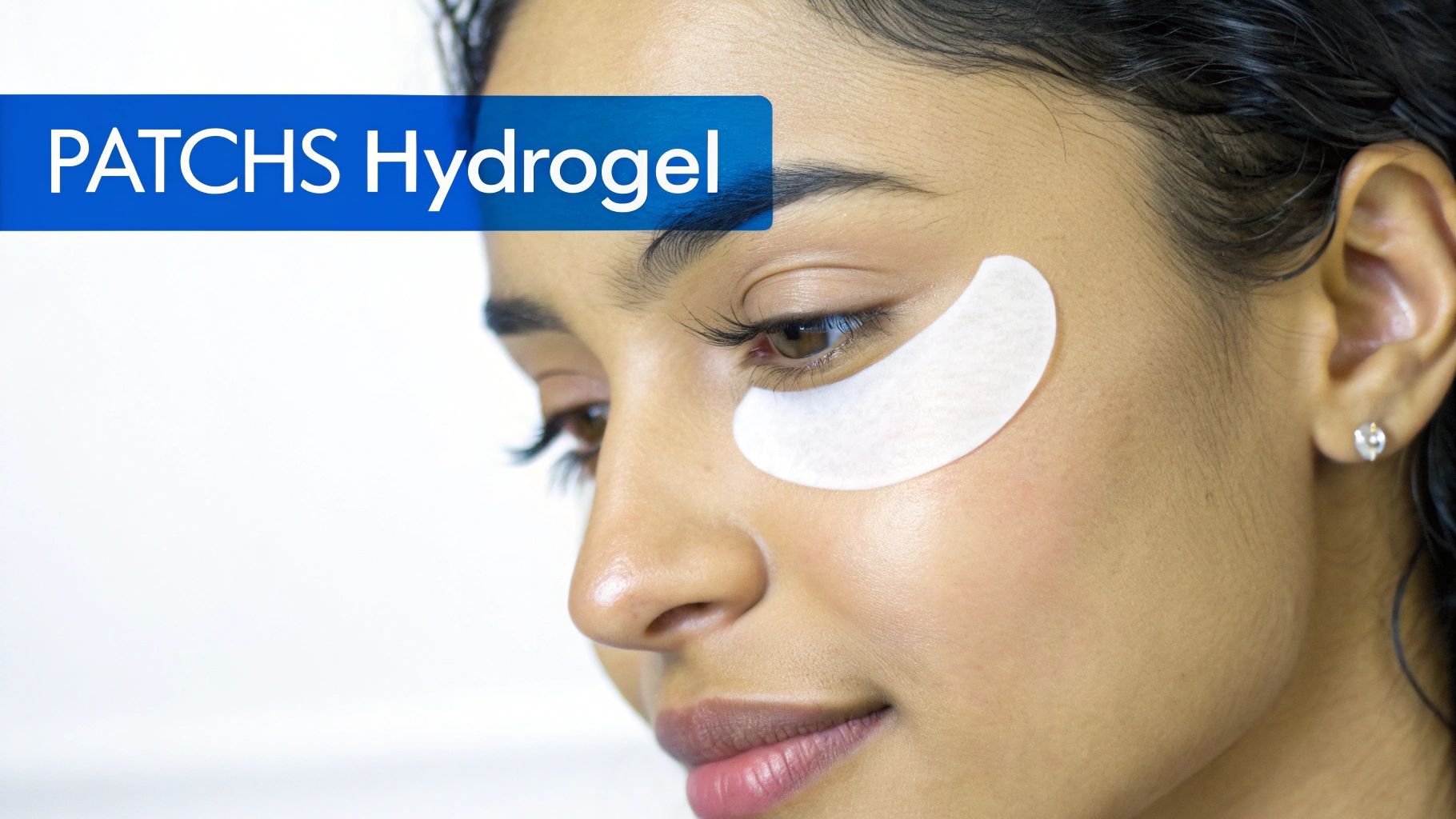 Gros plan sur une femme avec un patch hydrogel sous l'œil, le texte "PATCHS Hydrogel" en évidence.
