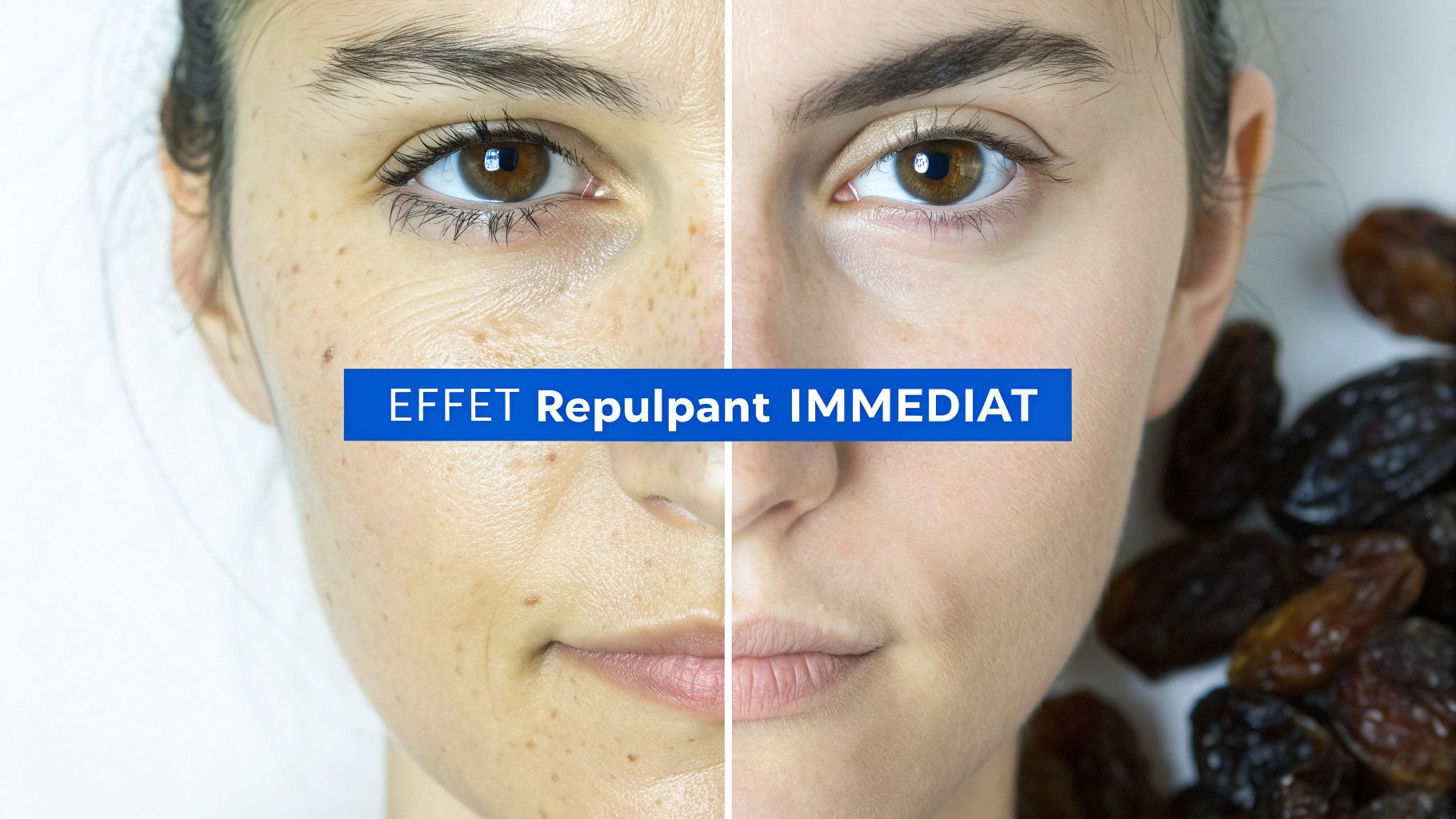 Visage de femme avant/après montrant un effet repulpant immédiat, comparant une peau ridée à une peau lisse et hydratée, avec des raisins secs.