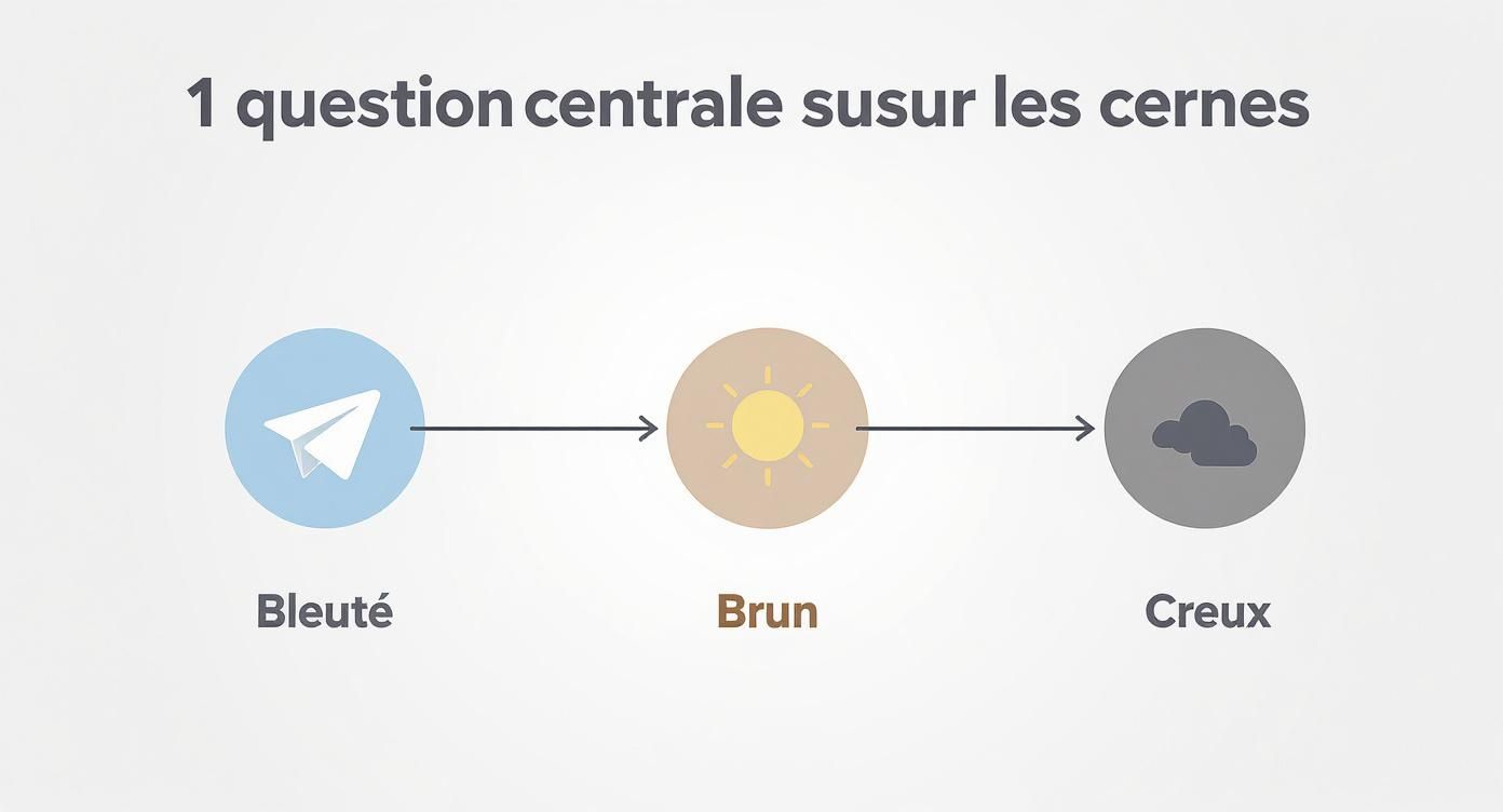 Infographie présentant les trois types de cernes : bleutés (avion en papier), bruns (soleil) et creux (nuages).