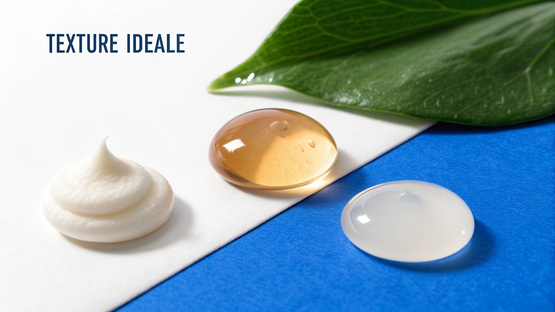 Vue de près de trois textures cosmétiques (crème, gel, sérum) sur fond bicolore, illustrant la texture idéale.