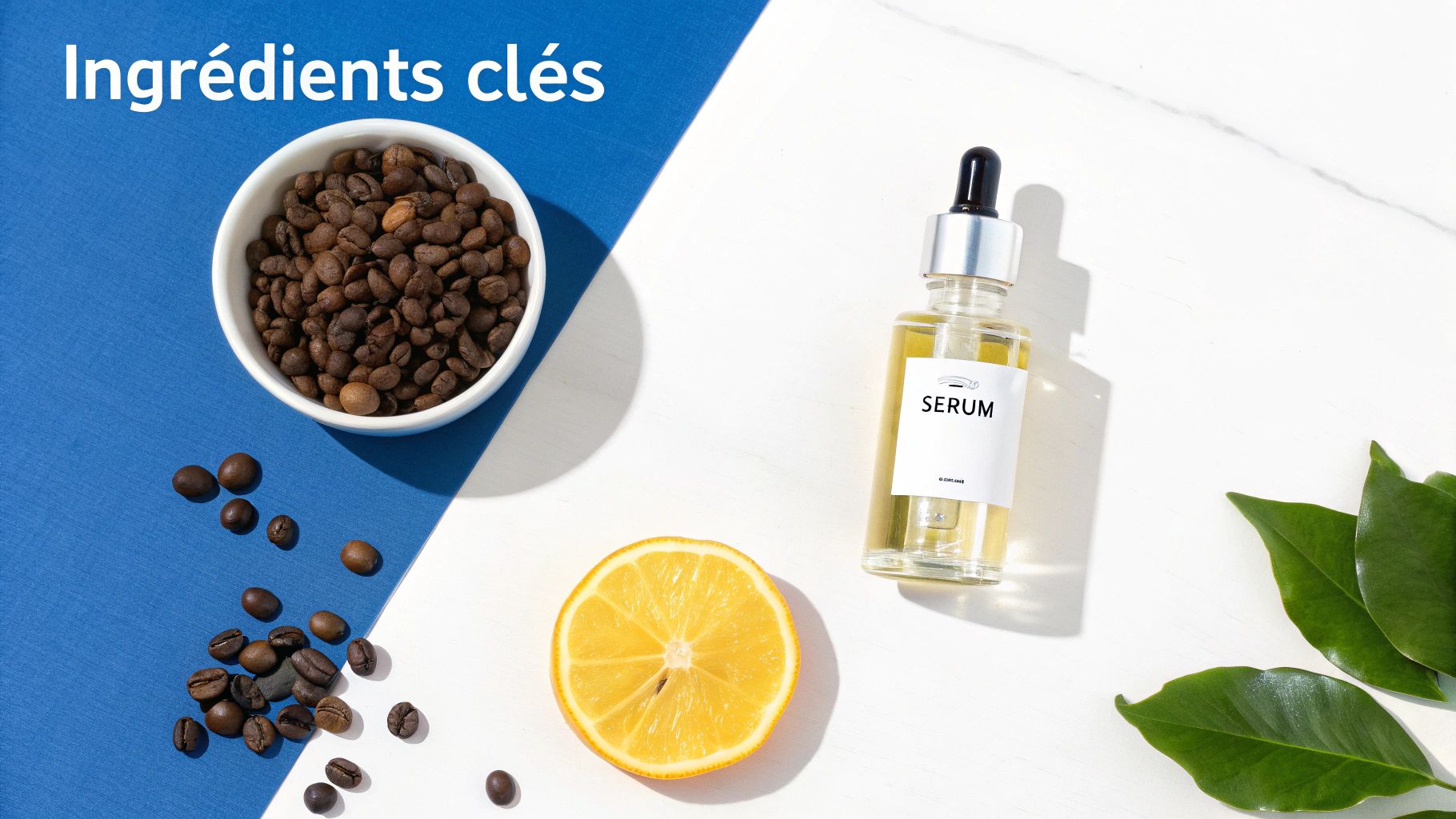 Image de grains de café, d'une tranche de citron et d'un sérum, illustrant des ingrédients clés sur fond bleu et blanc.