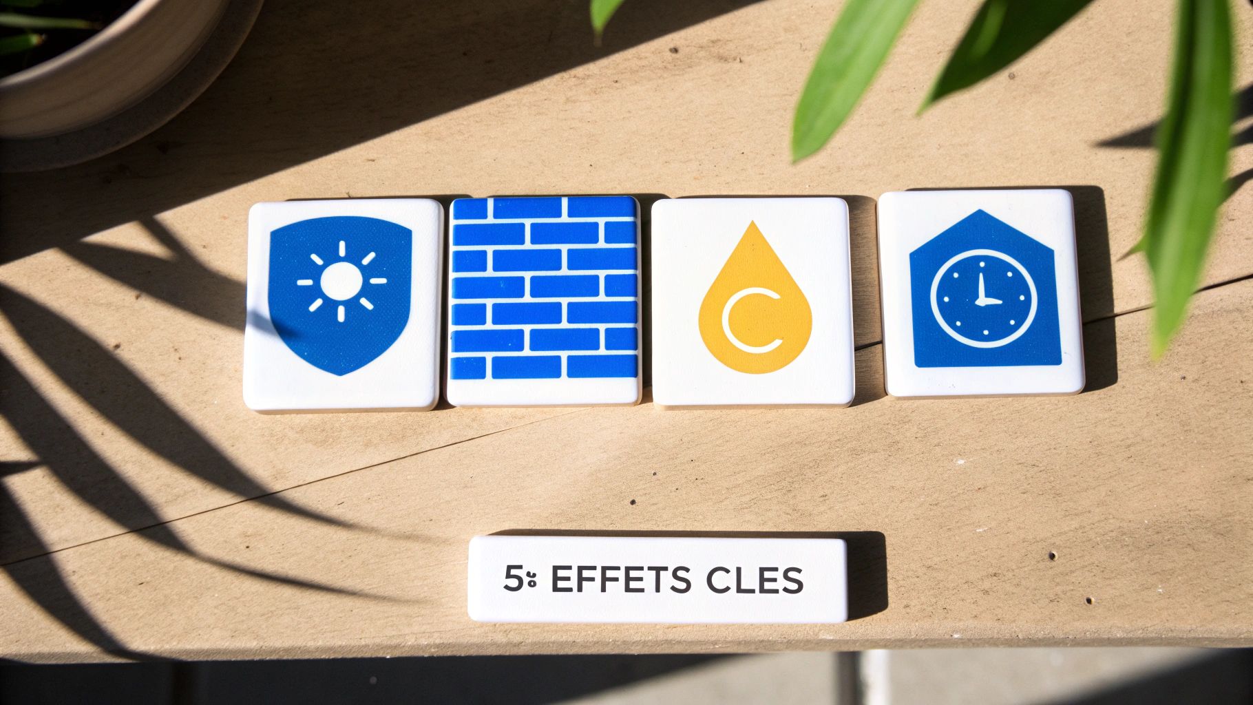 Quatre tuiles symboliques (soleil dans un bouclier, mur de briques, goutte d'eau, horloge) et le titre '5: EFFETS CLES'.