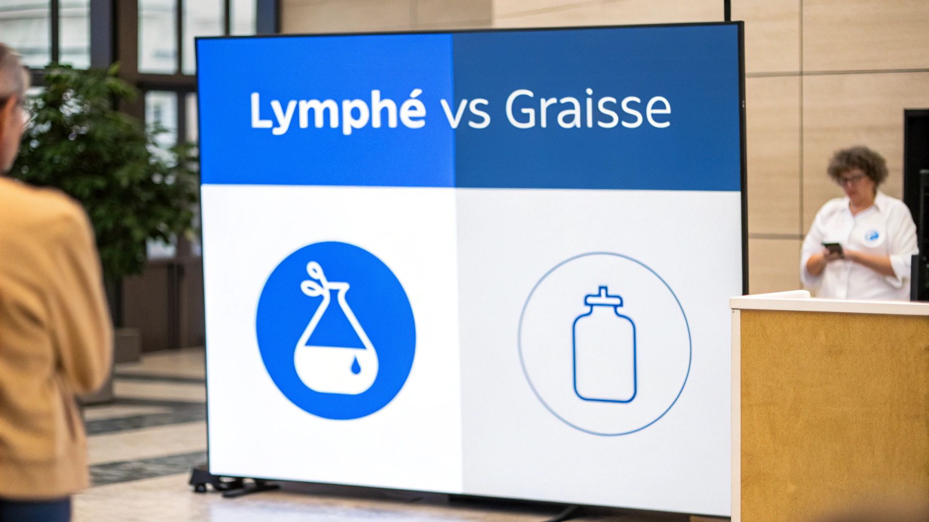 Écran affichant "Lymphé vs Graisse" avec icônes de flasque et bouteille, observé par des participants.