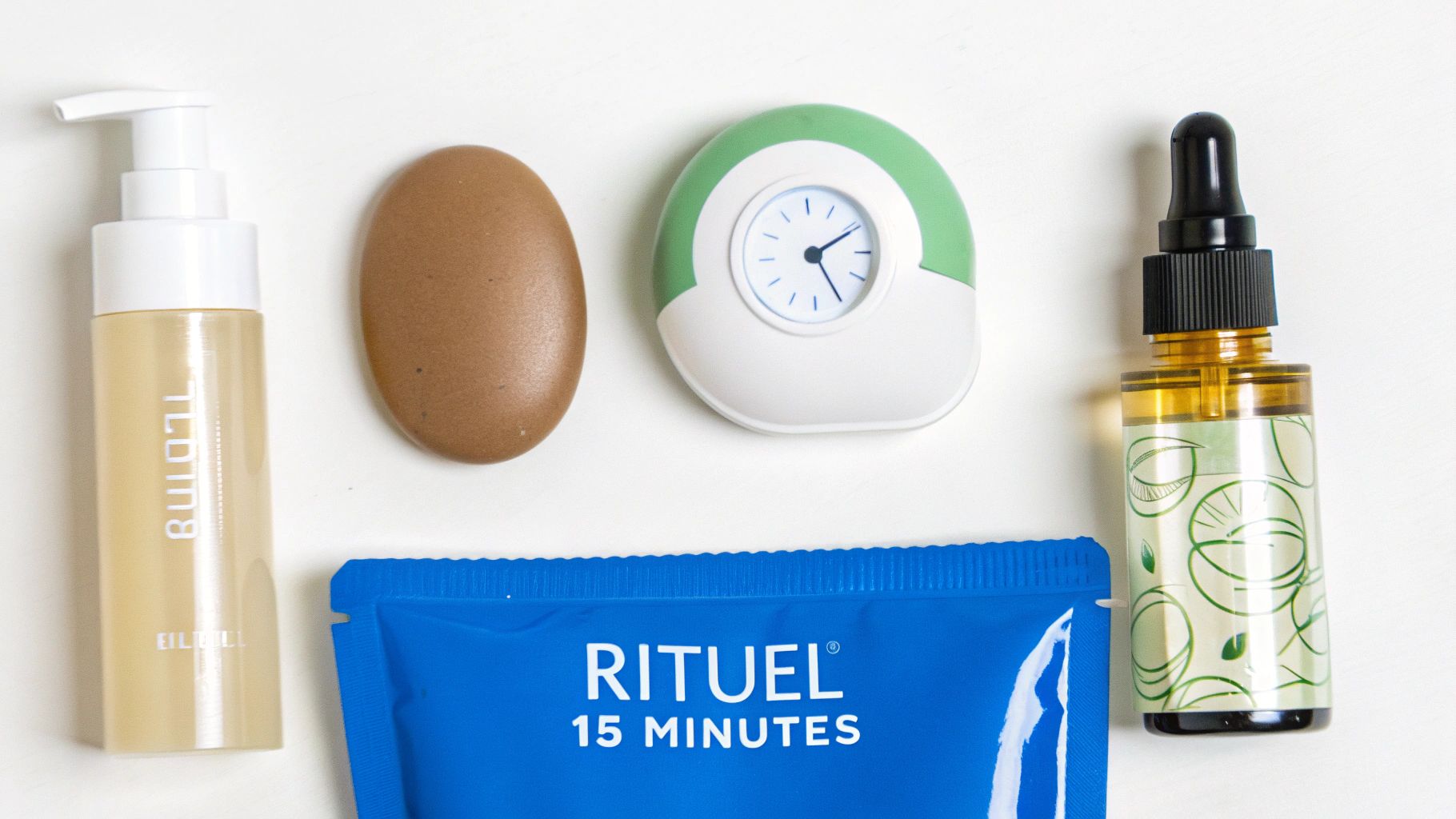 Assortiment de produits de beauté et de soins sur fond blanc: une bouteille, une pierre, un minuteur et une pochette Rituel.