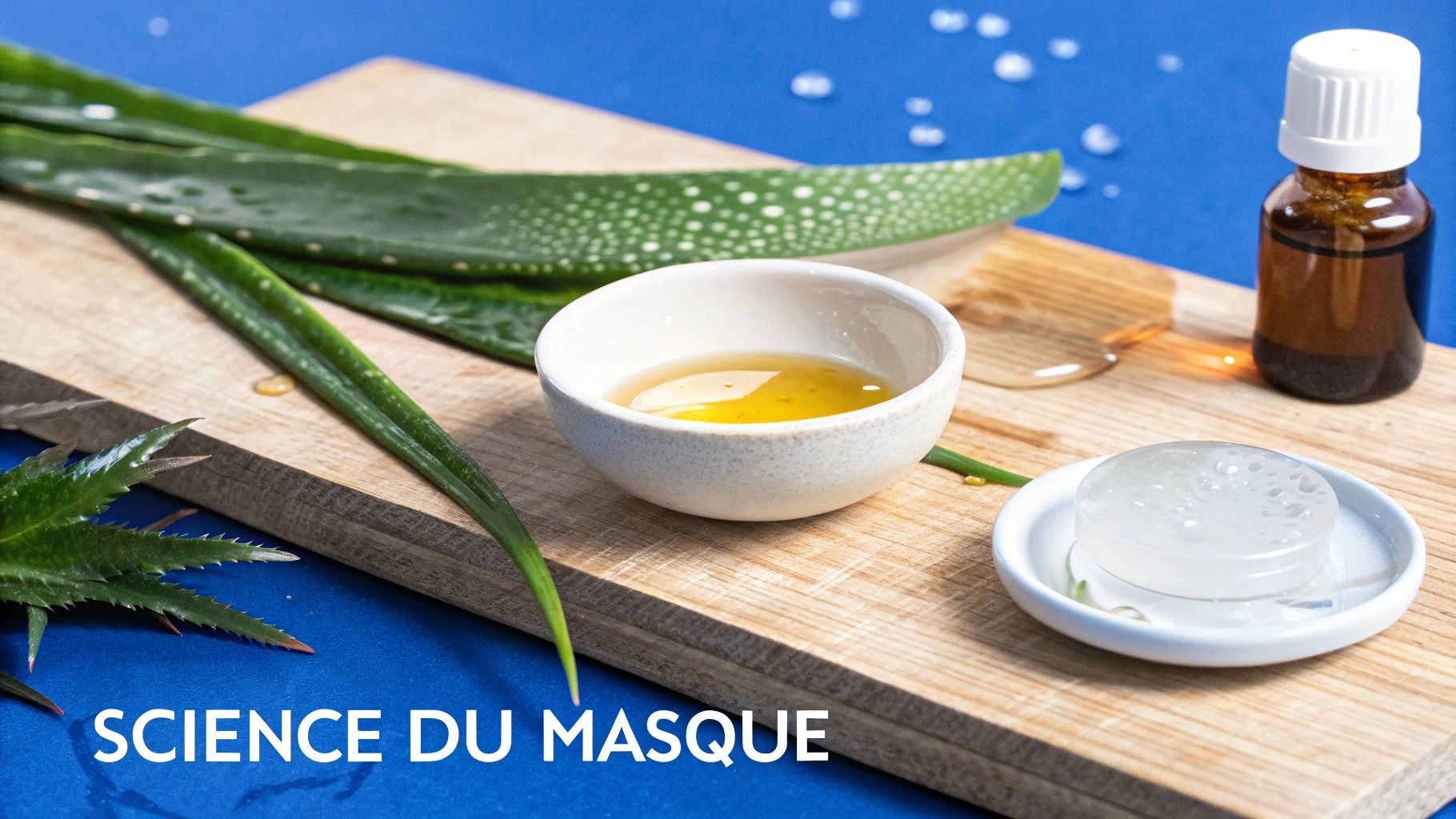 Ingrédients naturels pour un masque de soin, avec feuilles d'aloe vera, huile essentielle et gel sur une planche en bois.