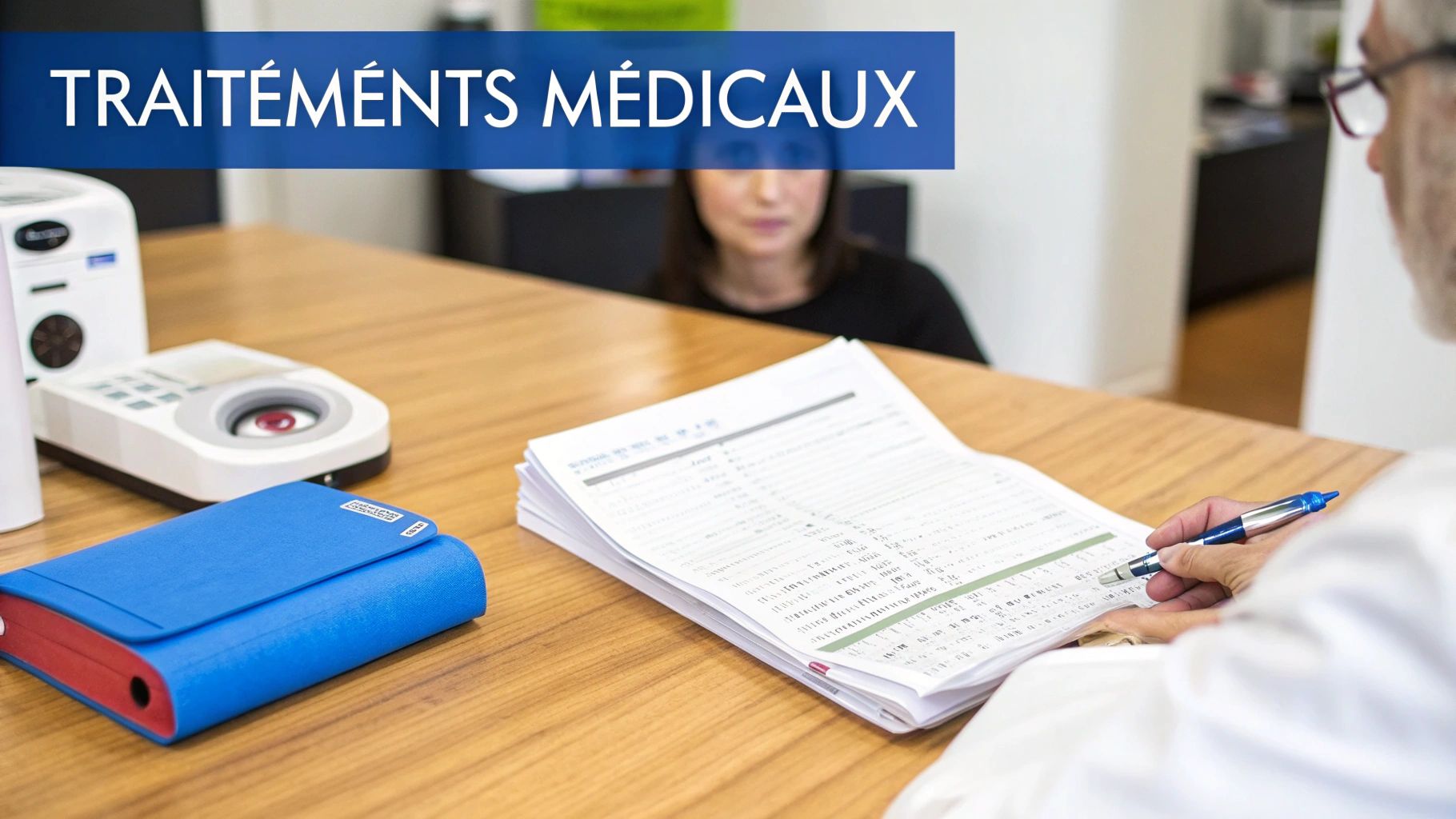 Un professionnel de la santé rédige des documents lors d'une consultation, avec un patient et du matériel médical en arrière-plan.