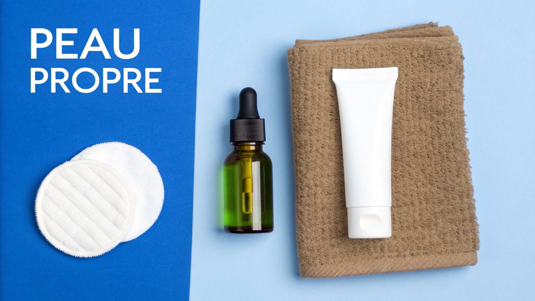 Image de produits de beauté pour une peau propre : sérum, crème hydratante, et cotons réutilisables sur fond bleu avec une serviette.