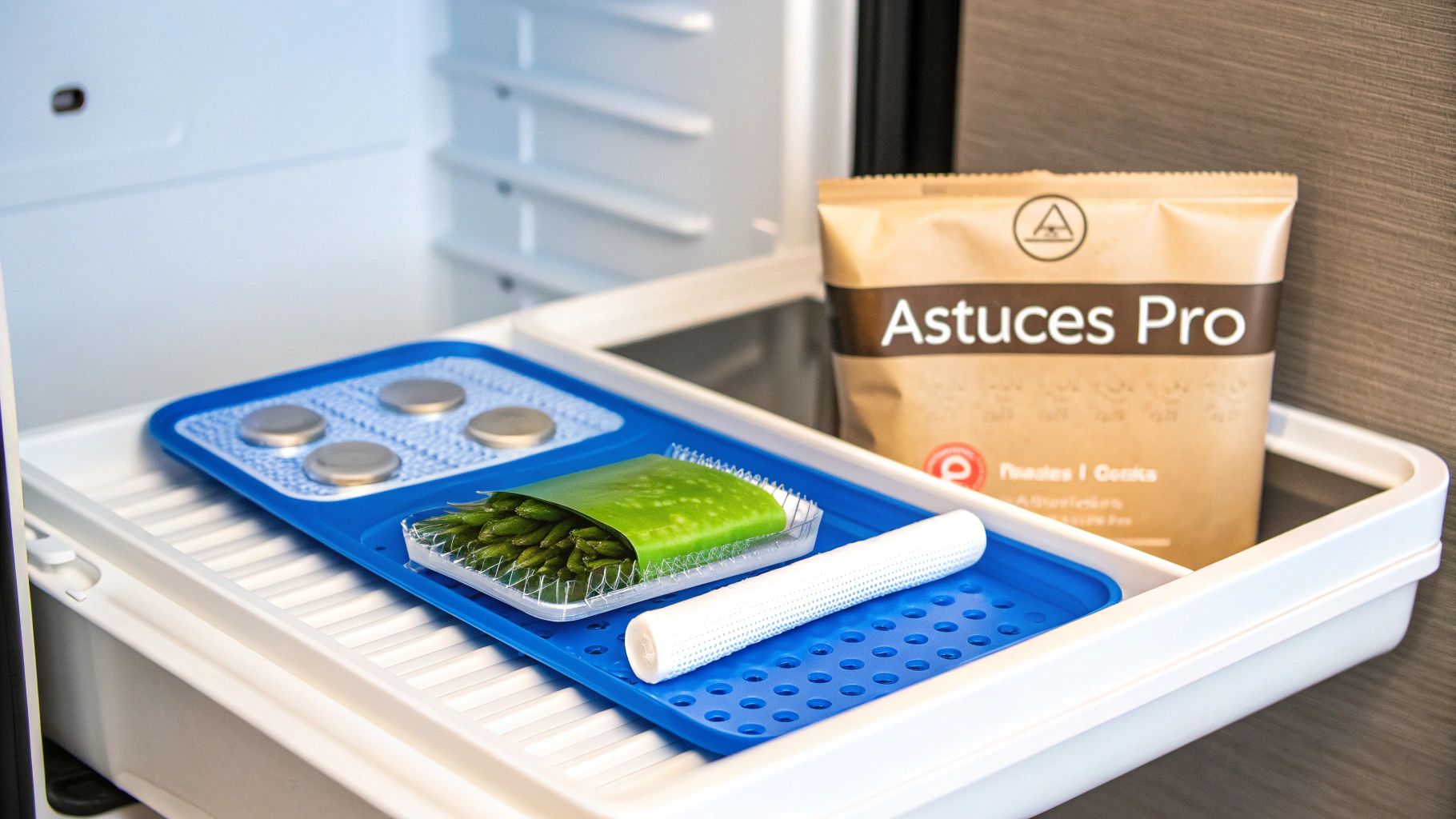 Intérieur de réfrigérateur montrant un plateau bleu avec des disques argentés, des haricots verts et un sac.