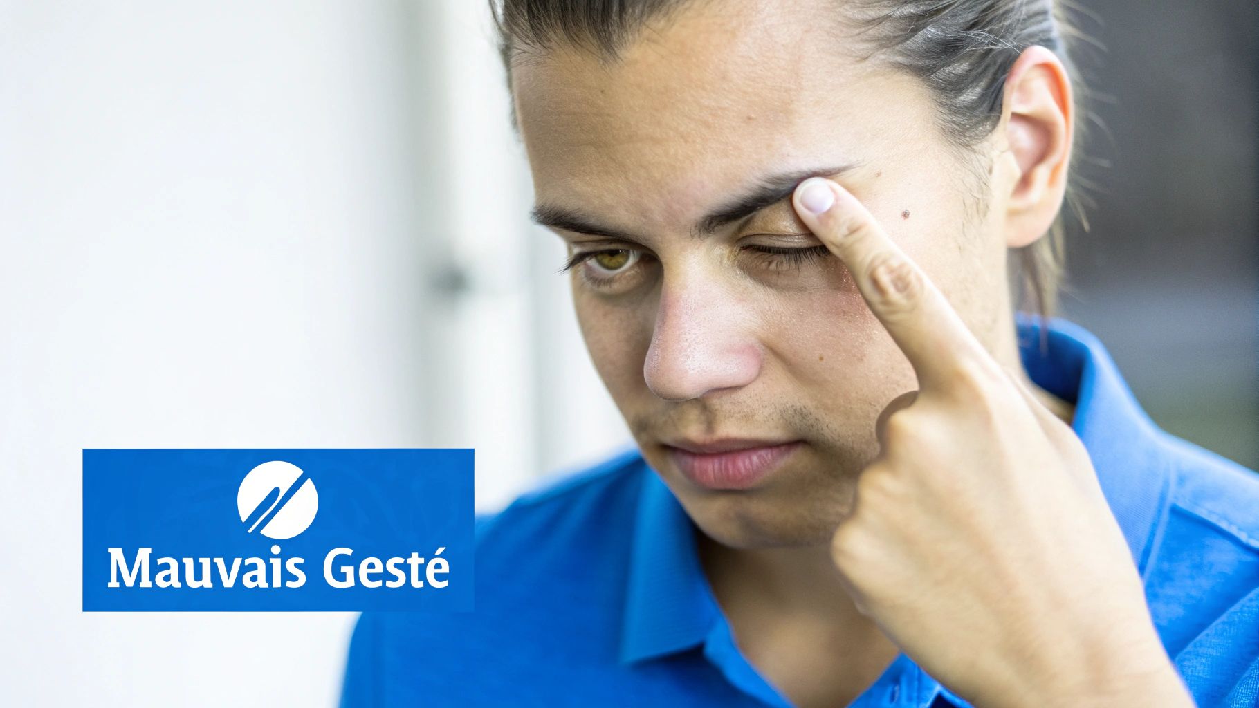 Un homme touche son œil, symbolisant un geste à éviter pour la santé des yeux, avec le texte Mauvais Gesté.