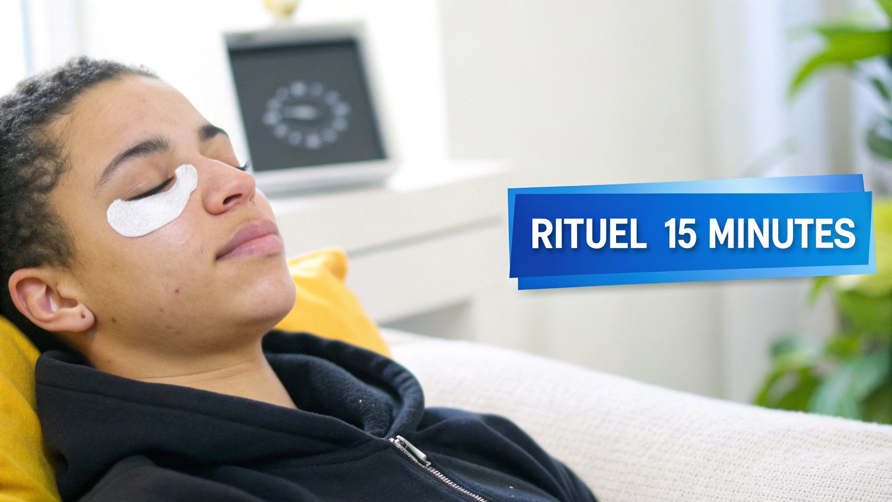 Une jeune femme se détend avec des patchs hydratants sous les yeux, un rituel de 15 minutes pour la peau.
